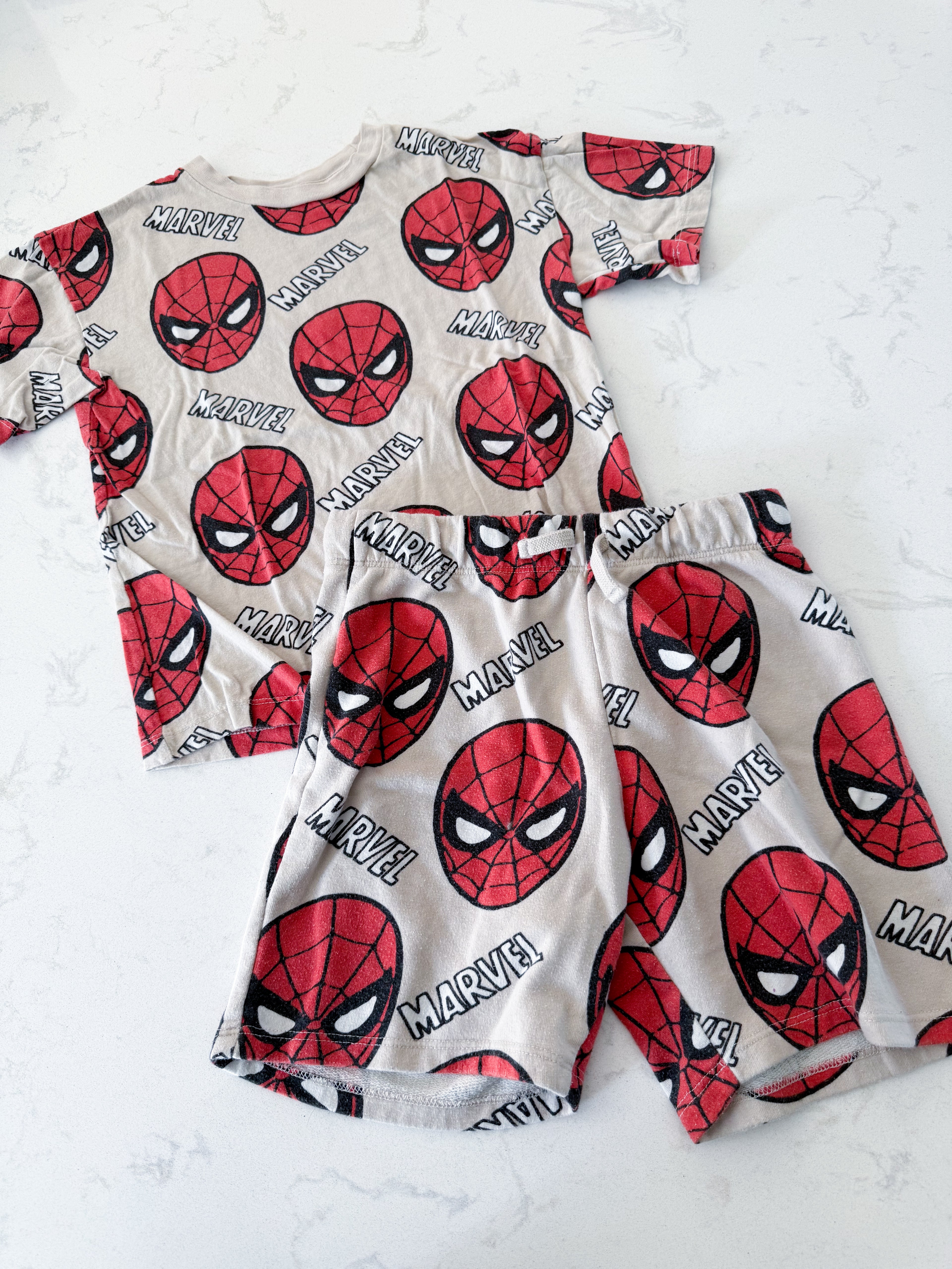H&M- 6X/7- PLAY- beige two piece set with Spiderman graphics