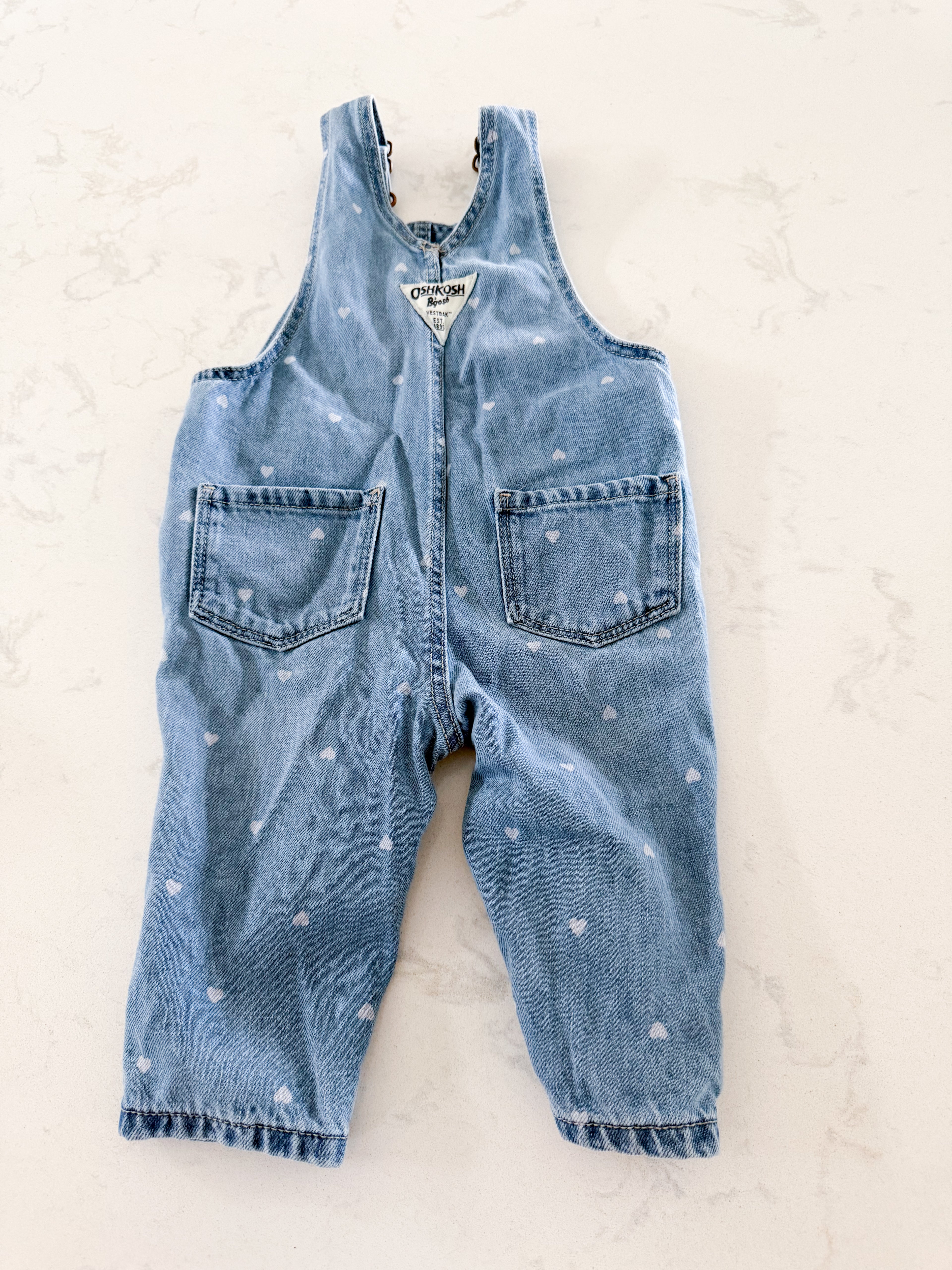 Oshkosh- 6m- VGUC- Jean overalls with tiny whitewash hearts