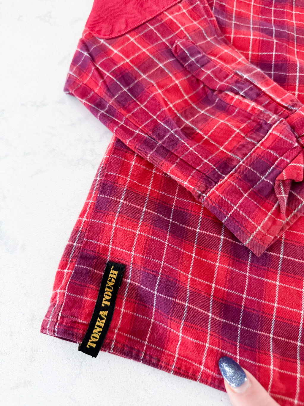 Tonka (2004)- 6Y- GUC- red plaid button up shirt with elbow pads and patches