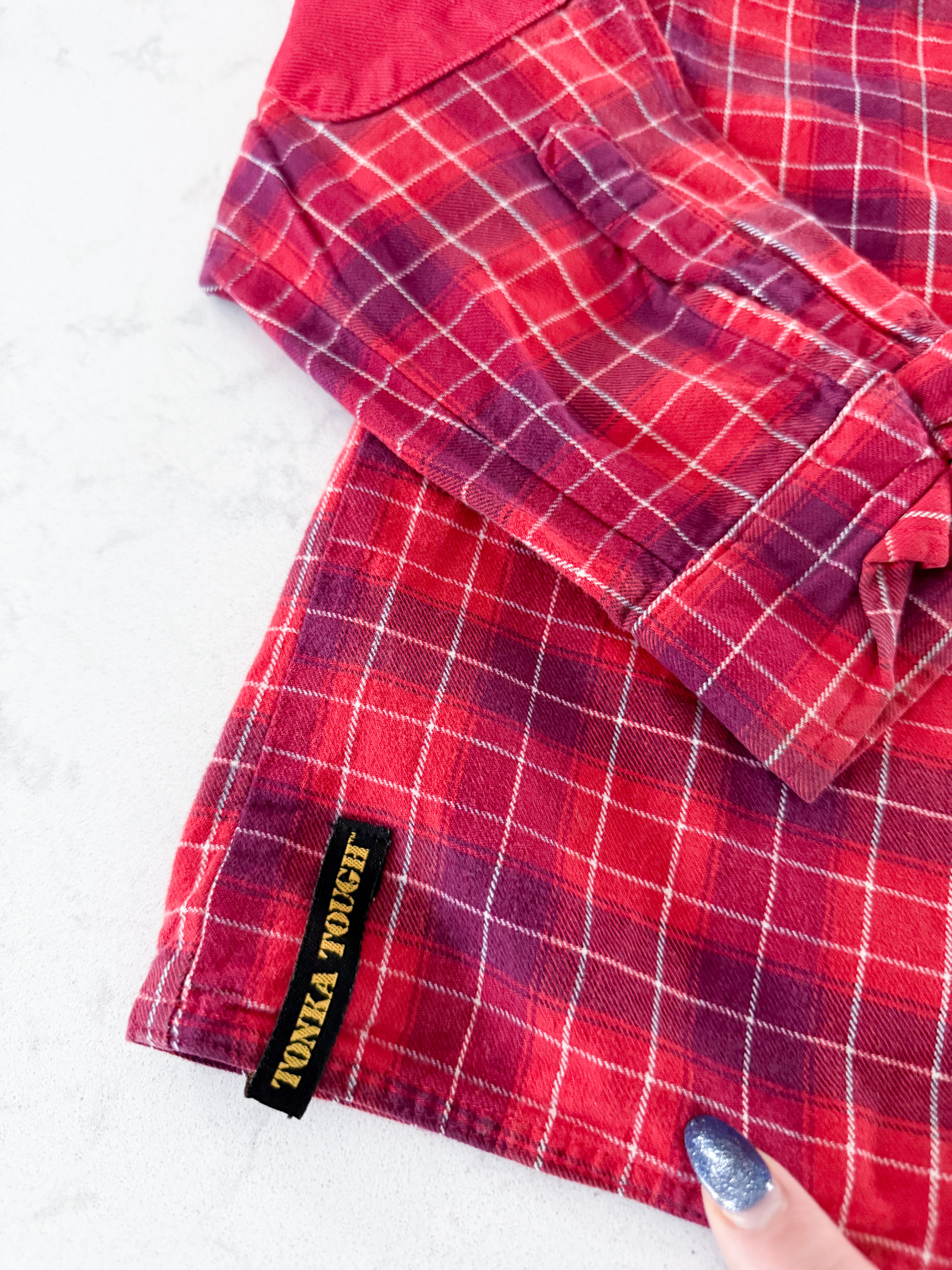 Tonka (2004)- 6Y- GUC- red plaid button up shirt with elbow pads and patches