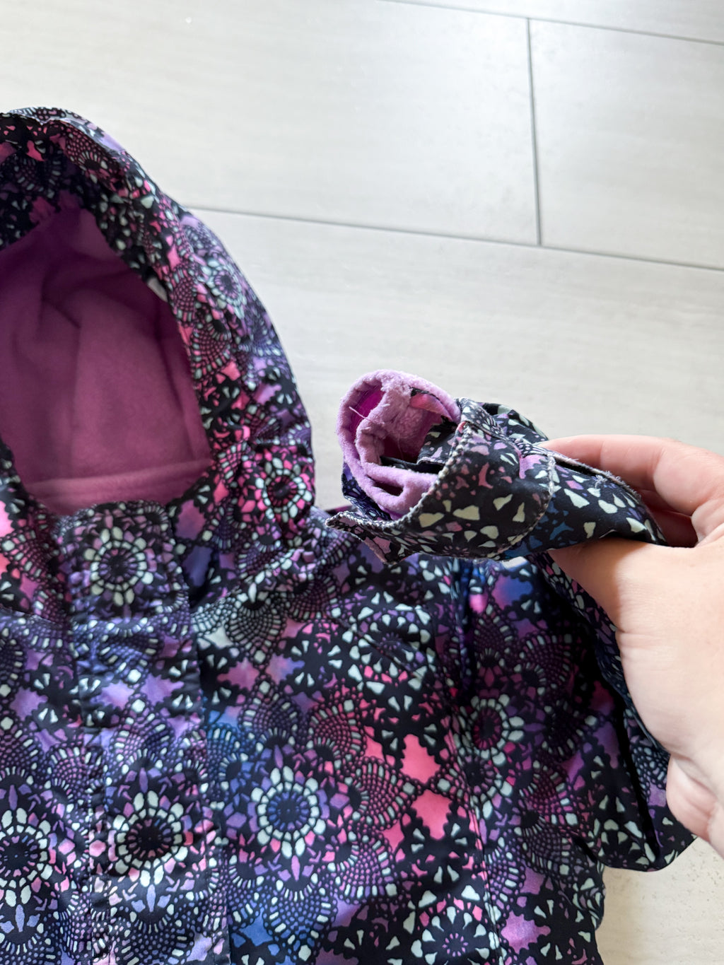 The Children’s Place- 5-6Y- GUC- purple patterned multi layered coat