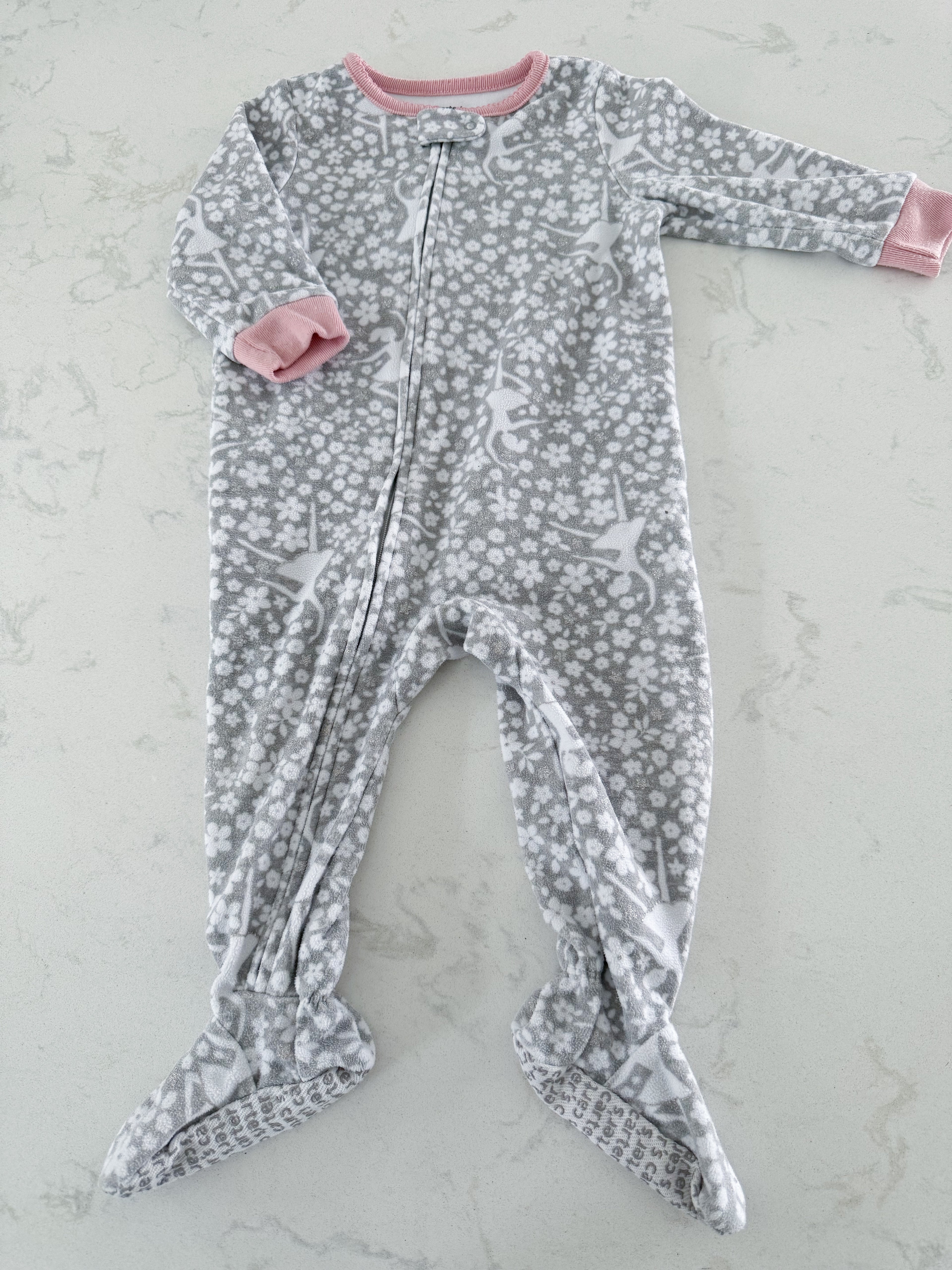 Carters- 12m- VGUC- grey footie pajamas with flowers and dancers with silver sparkles