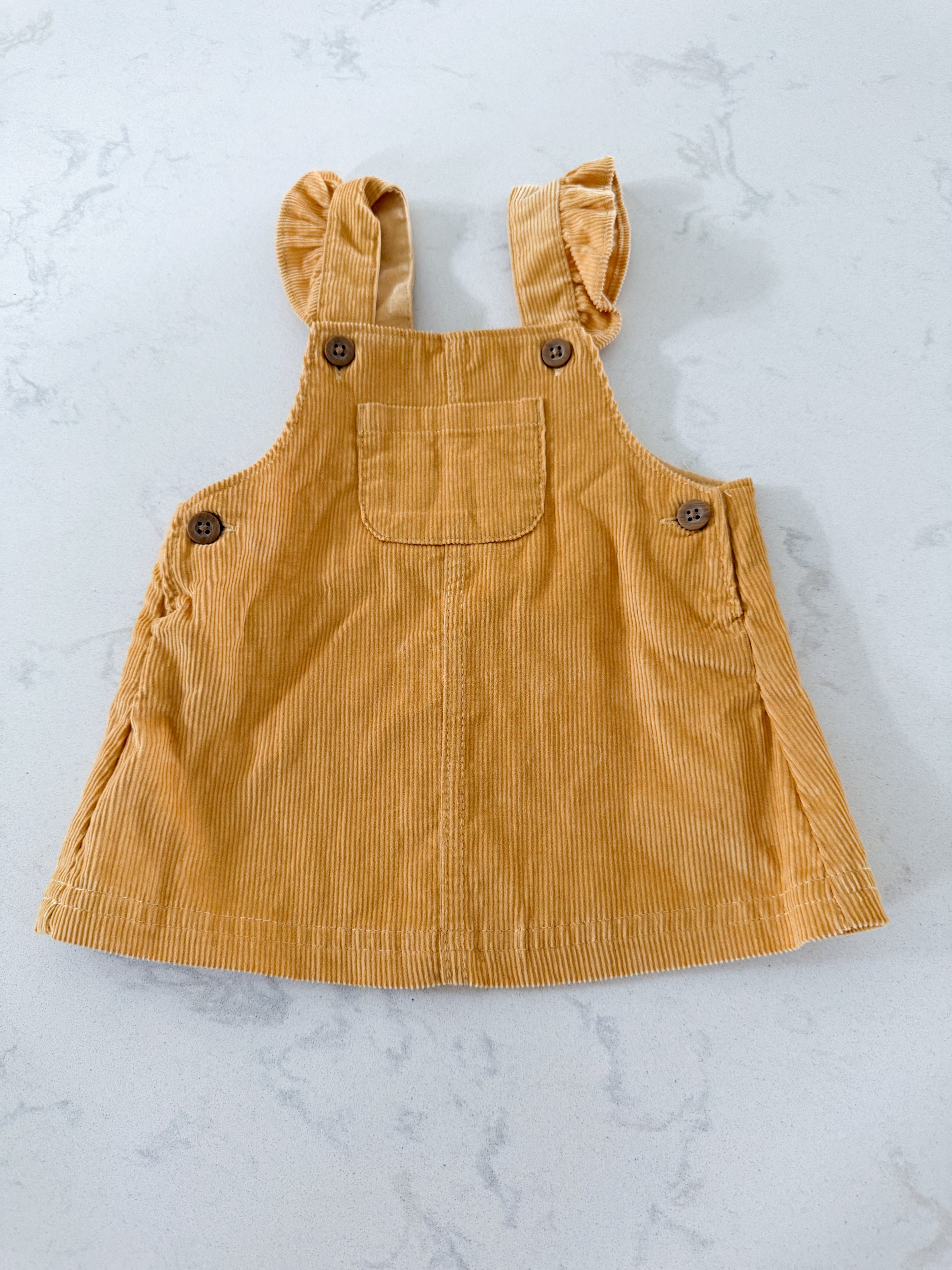 Carters- 3m- VGUC- yellow corduroy overall dress with ruffle straps