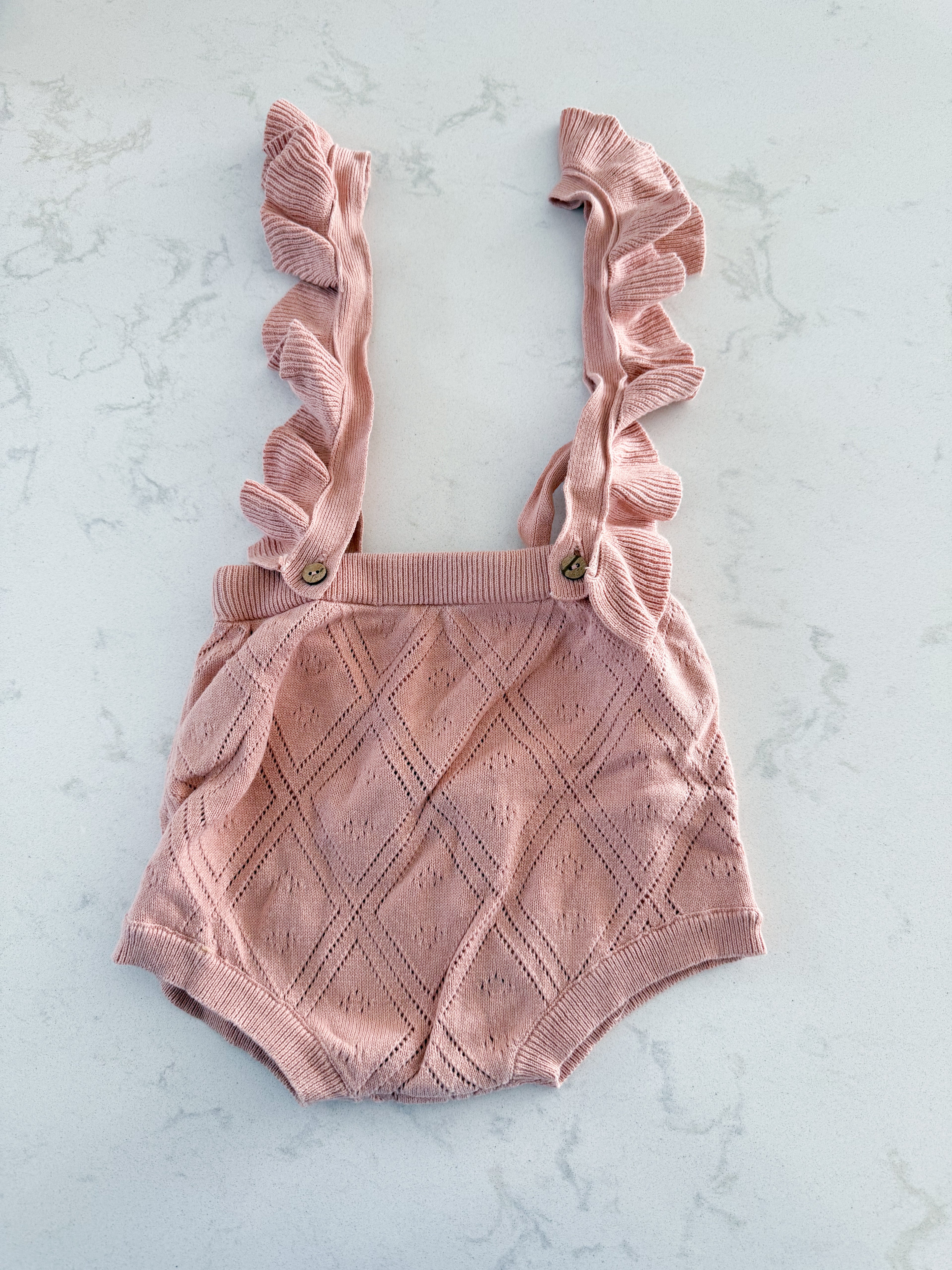 Cutemily Baby- fits 18-24m- VGUC- pink knit ruffle overall bummies