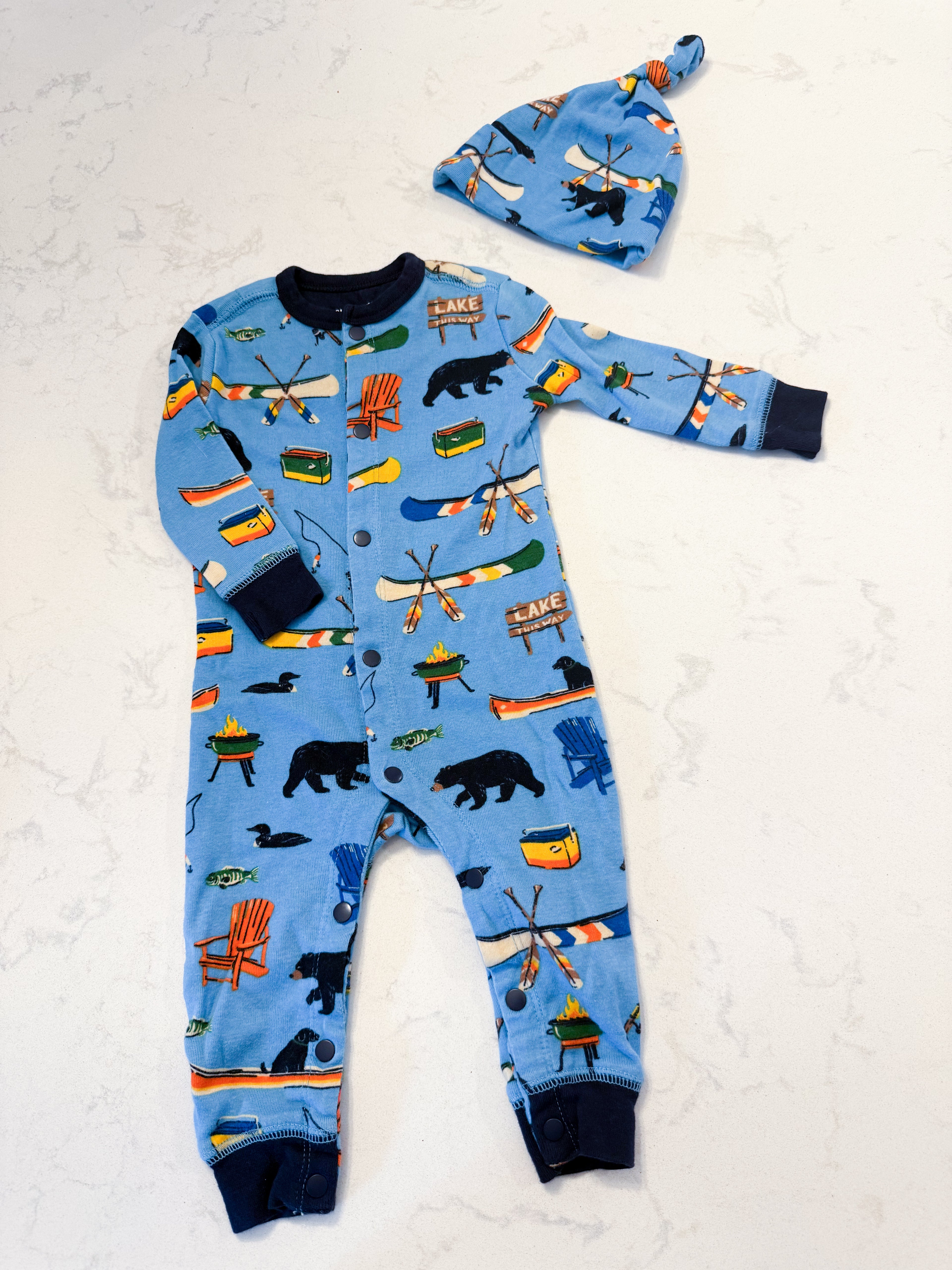 Little Blue House- 6-12m- VGUC- button up footless pajamas with matching hat and camping pattern