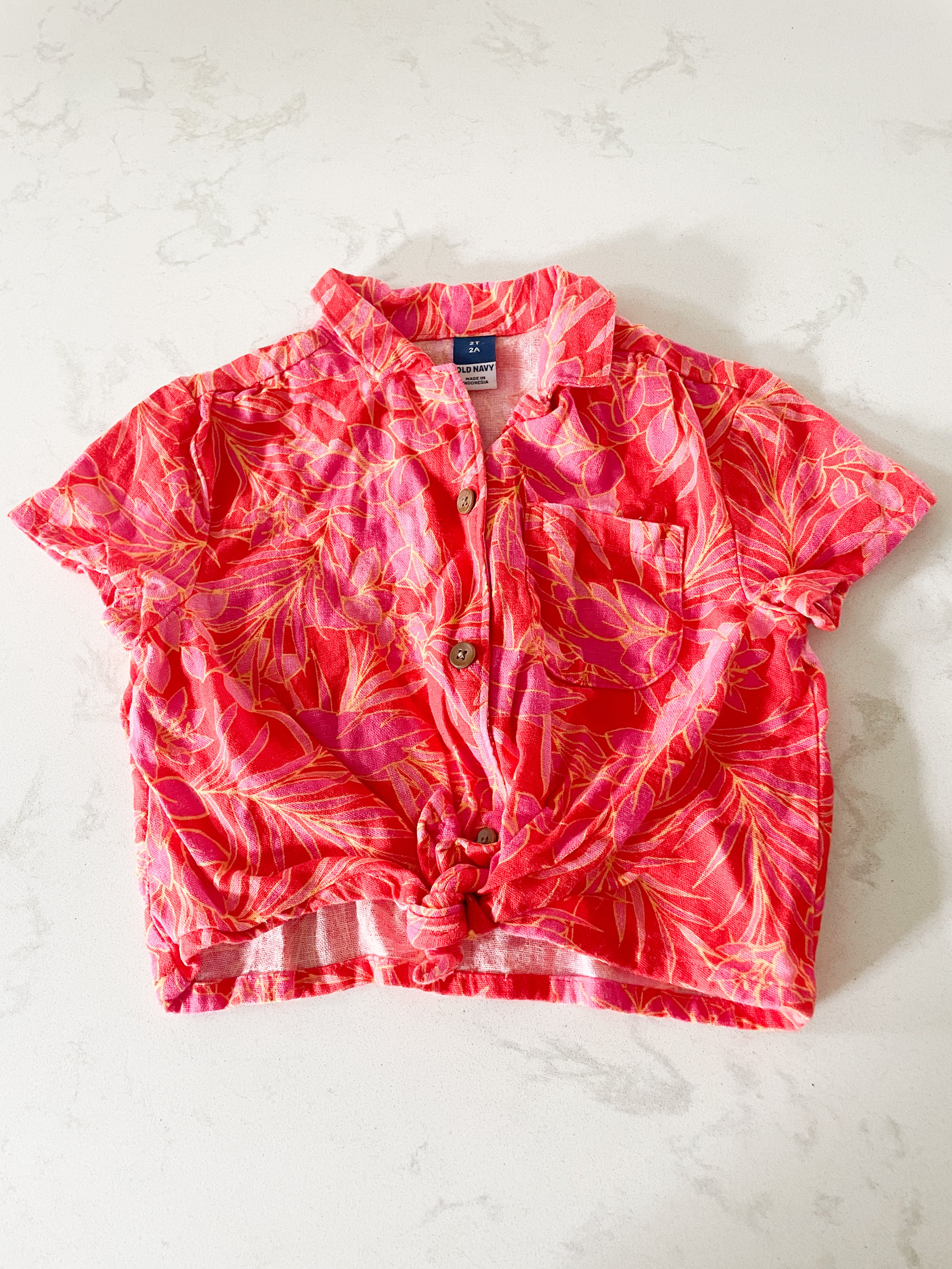 Old Navy-2T- VGUC- bright pink and red tropical floral button up