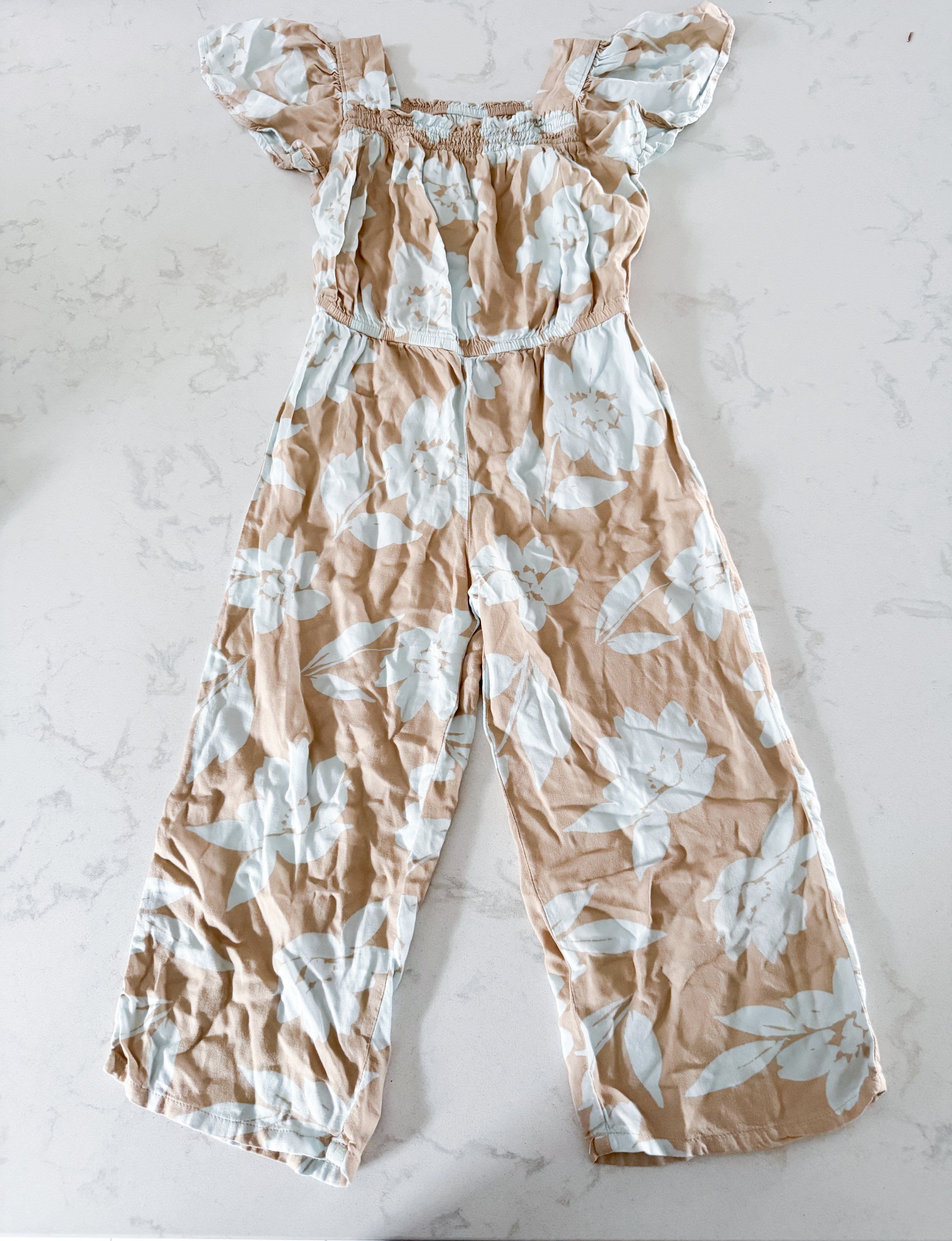 Carters- 6X- VGUC- beige thin flowy floral pants romper