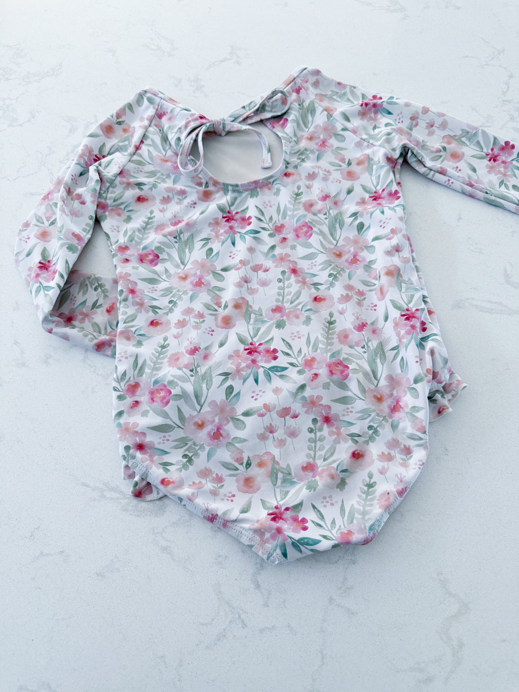 Current Tyed- 4/5Y- GUC- white long sleeve bathing suit with pink florals