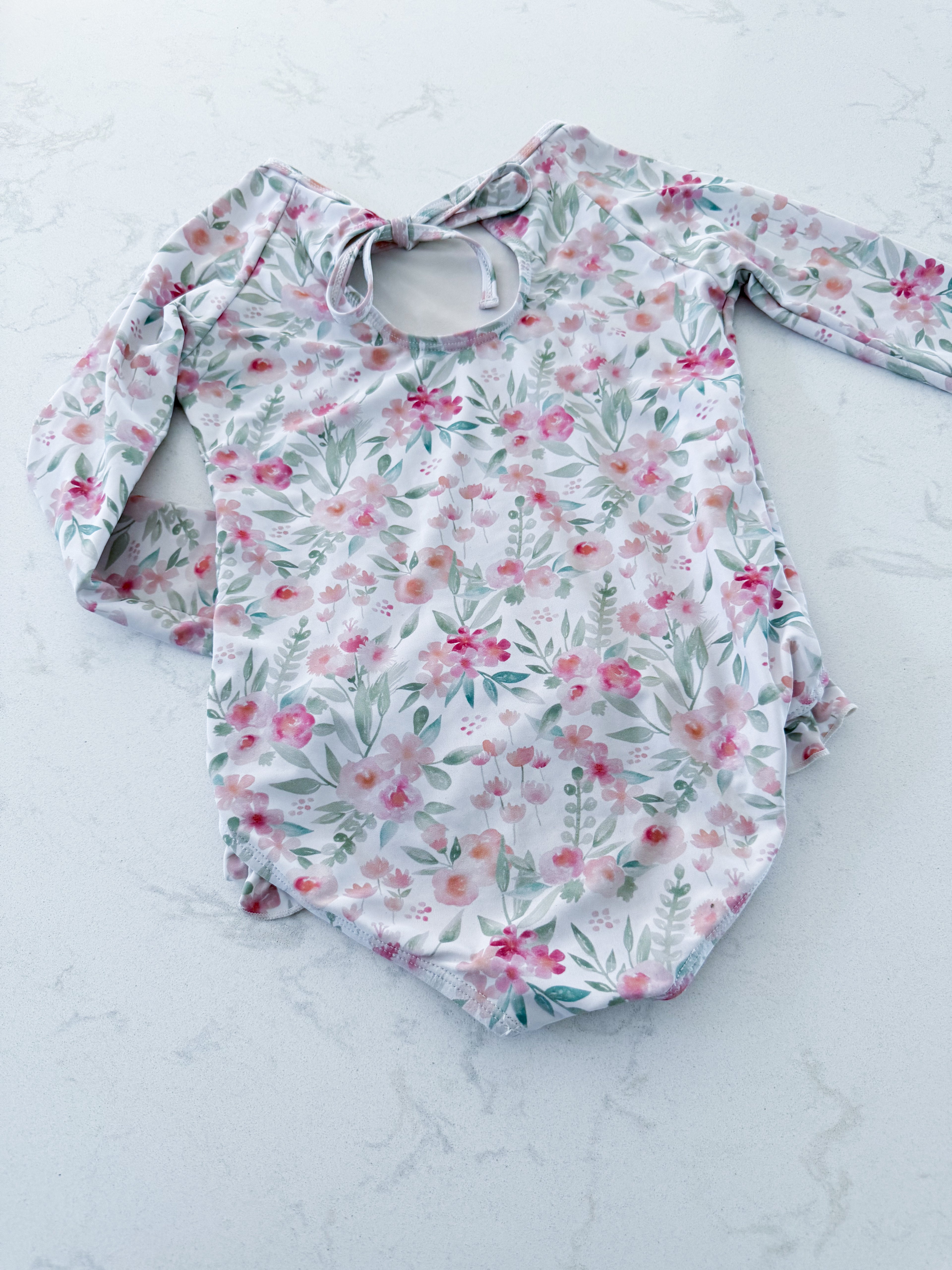 Current Tyed- 4/5Y- GUC- white long sleeve bathing suit with pink florals
