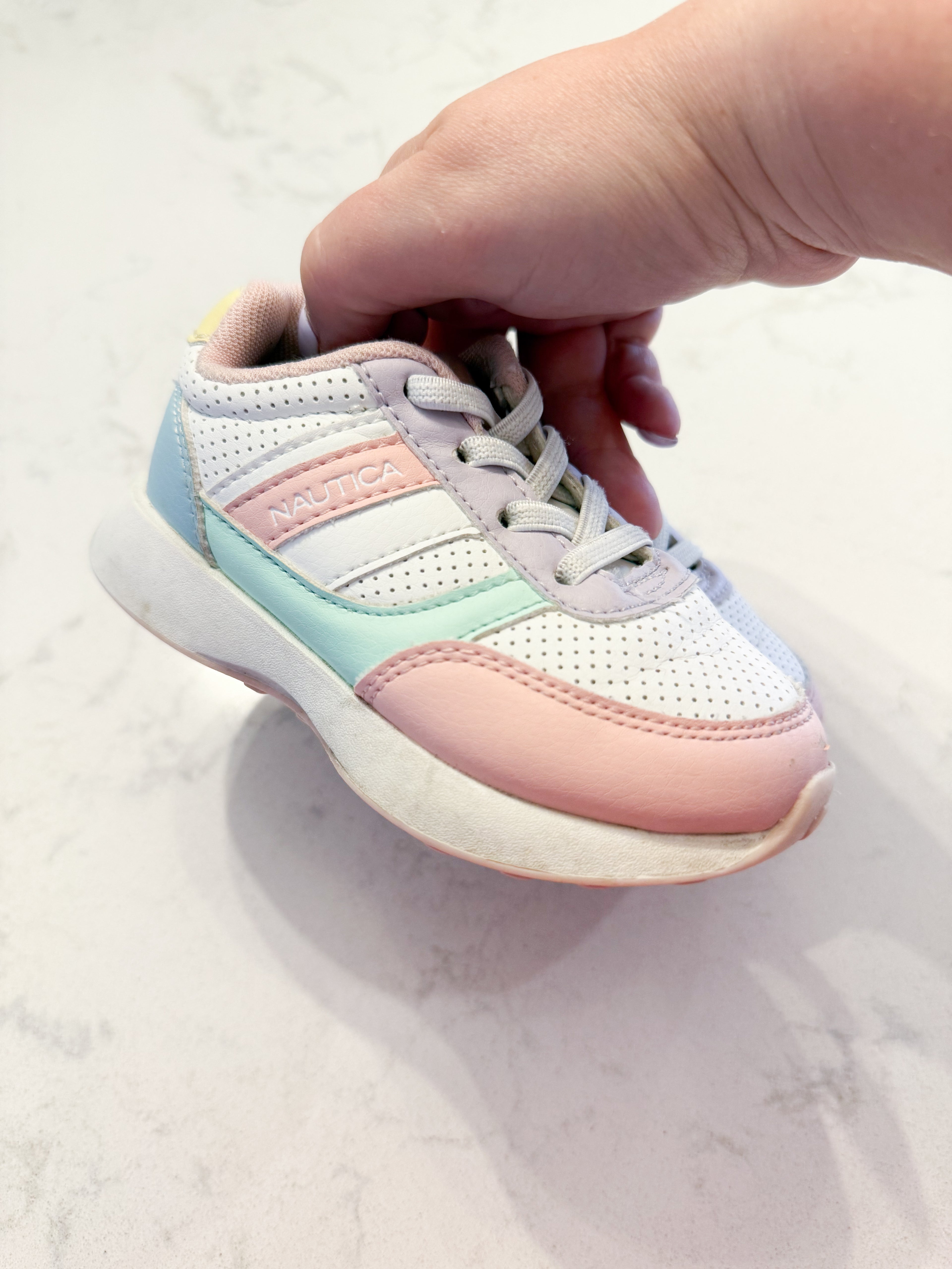 Nautica- 7C- PLAY- light pink and white slip on shoes with pastel accents