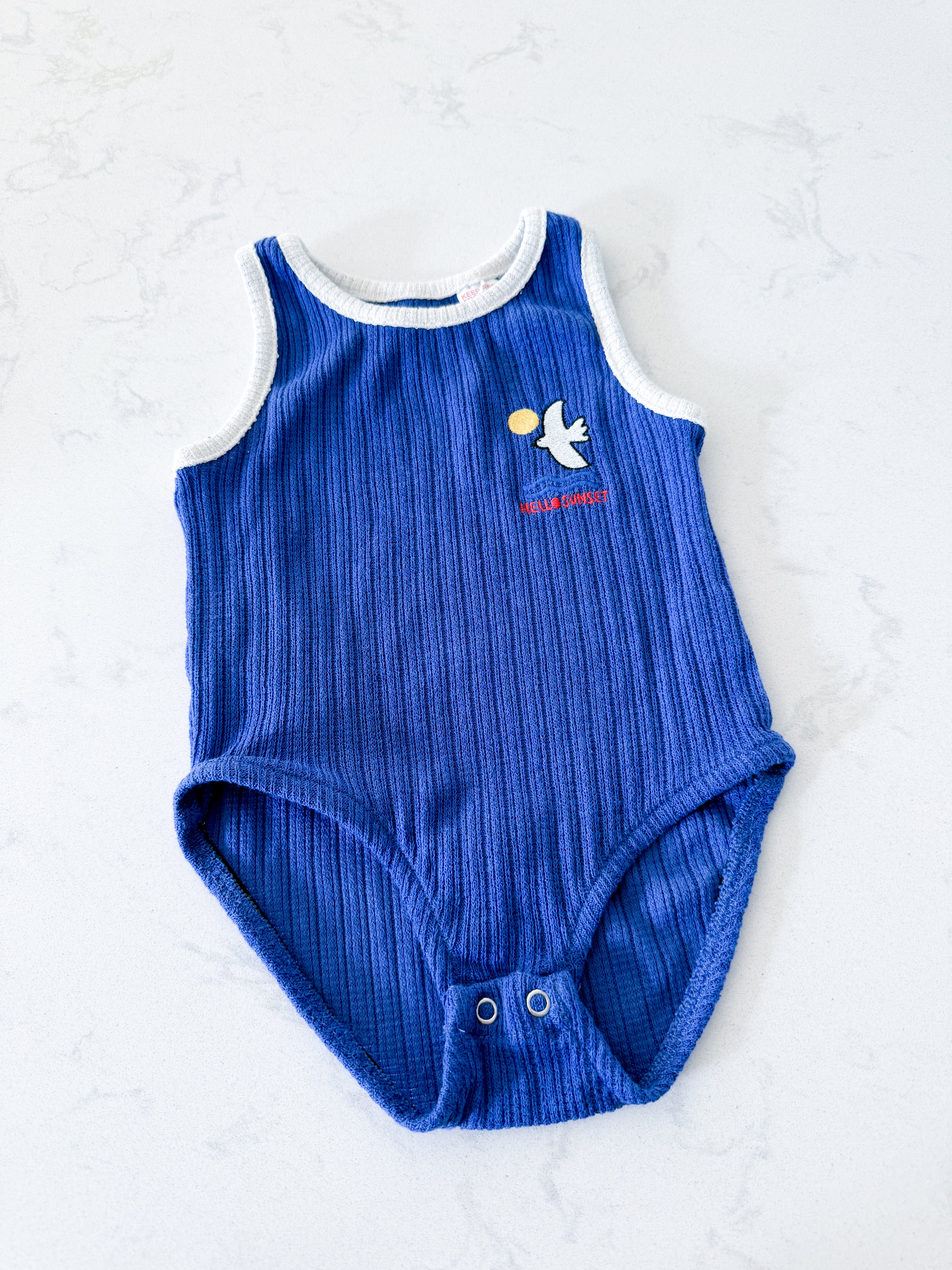 Zara- fits 6-12m- GUC- royal blue tank bodysuit with embroidered sea bird