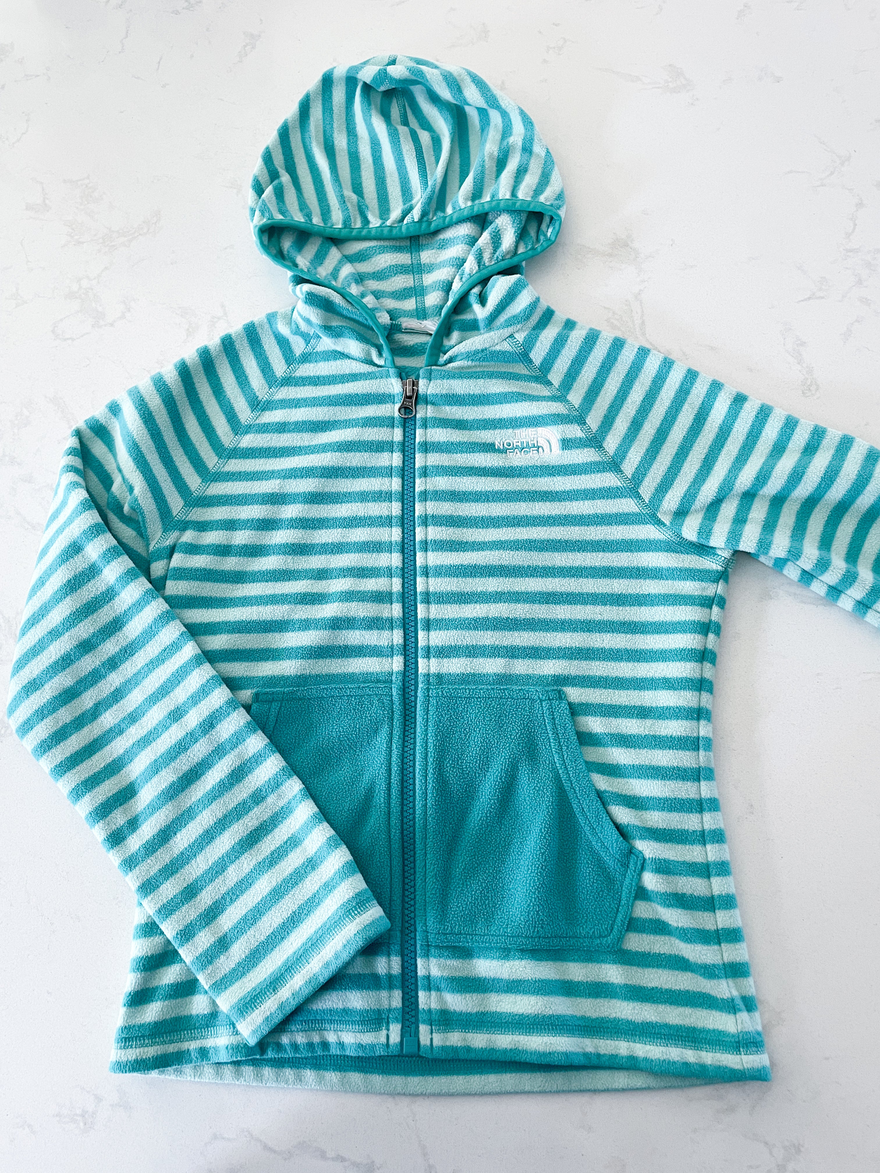 The North Face- 7/8Y- teal and mint green striped zip up