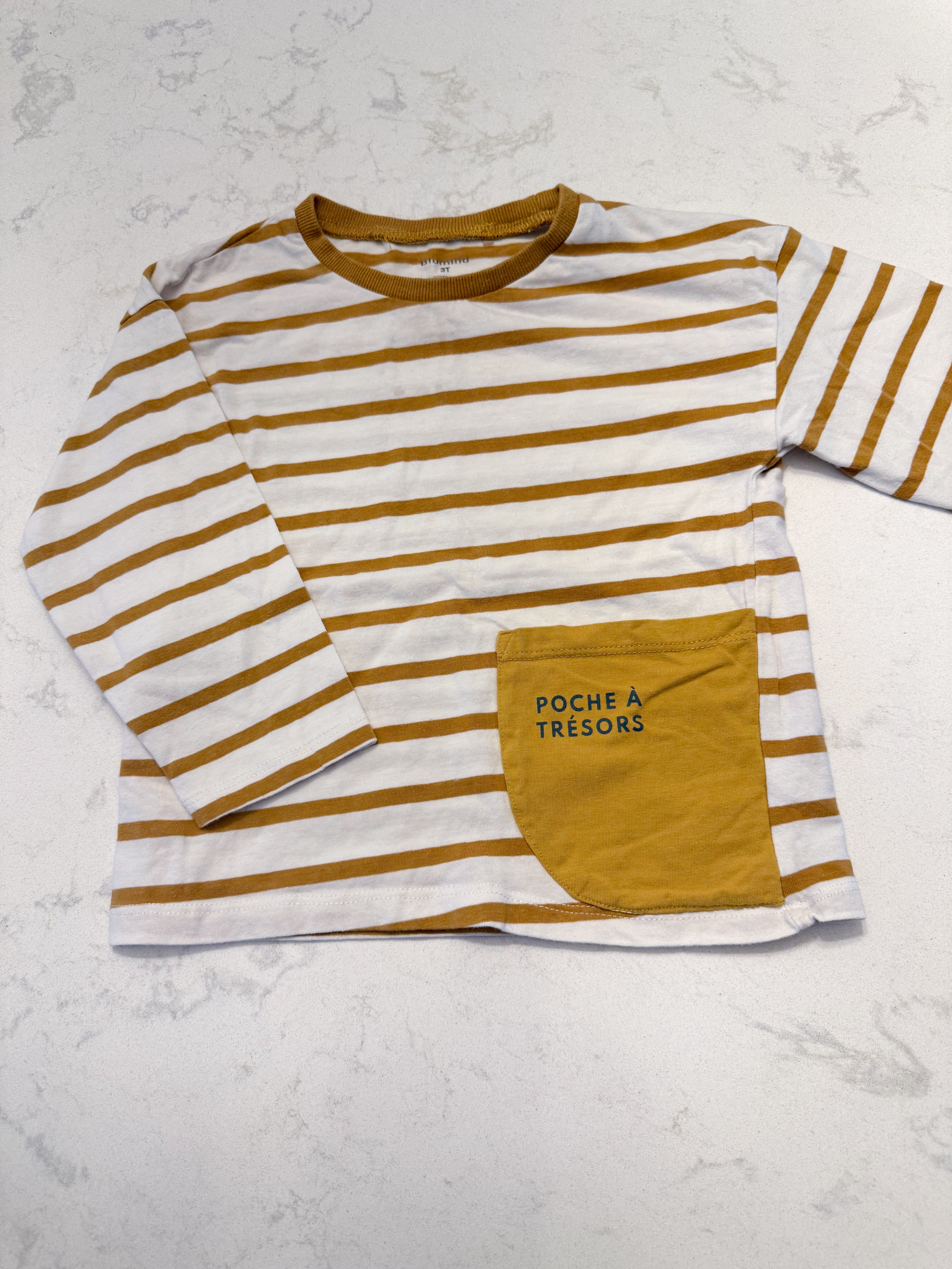 Blumind- 3T- PLAY- mustard yellow and white striped long sleeve shirt with treasure pocket