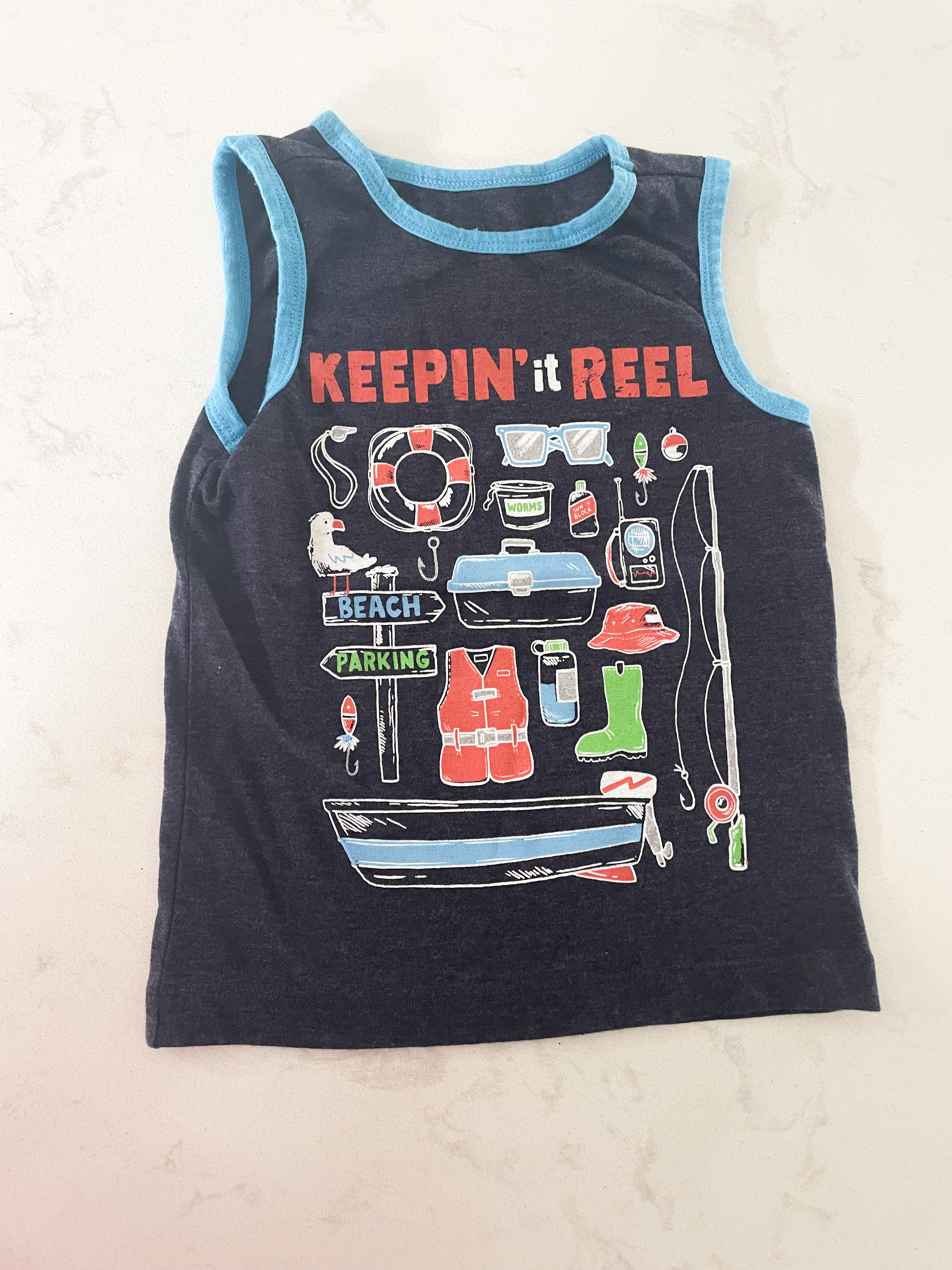 Hatley-2T- GUC- navy blue tank with fishing gear
