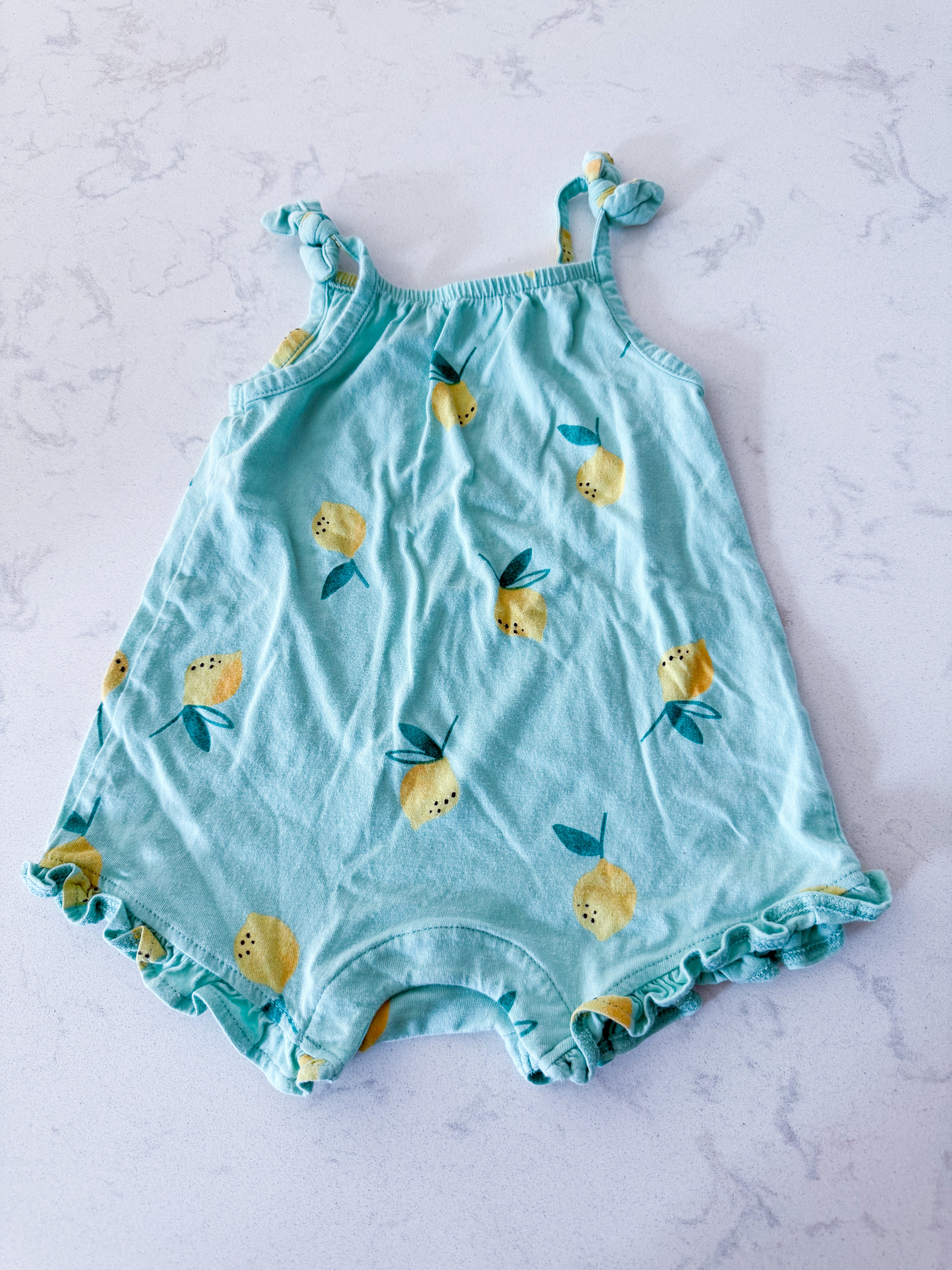 Old Navy- 6-12m- GUC- light green tank romper with lemon pattern