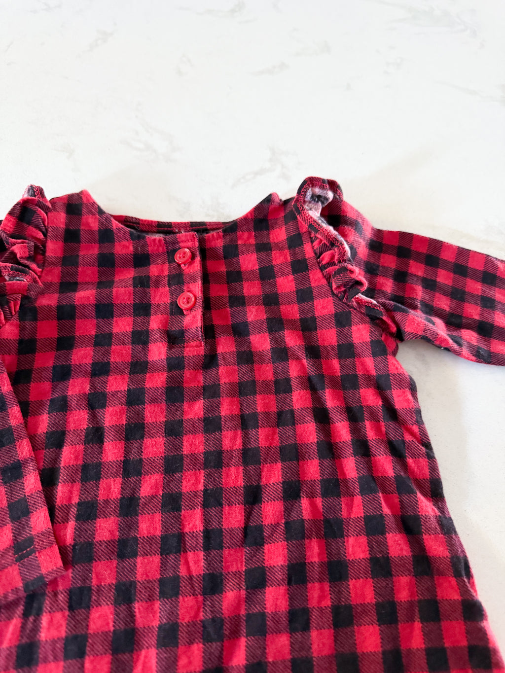 Old Navy- 3-6m- VGUC- black and red checkered ruffle one piece