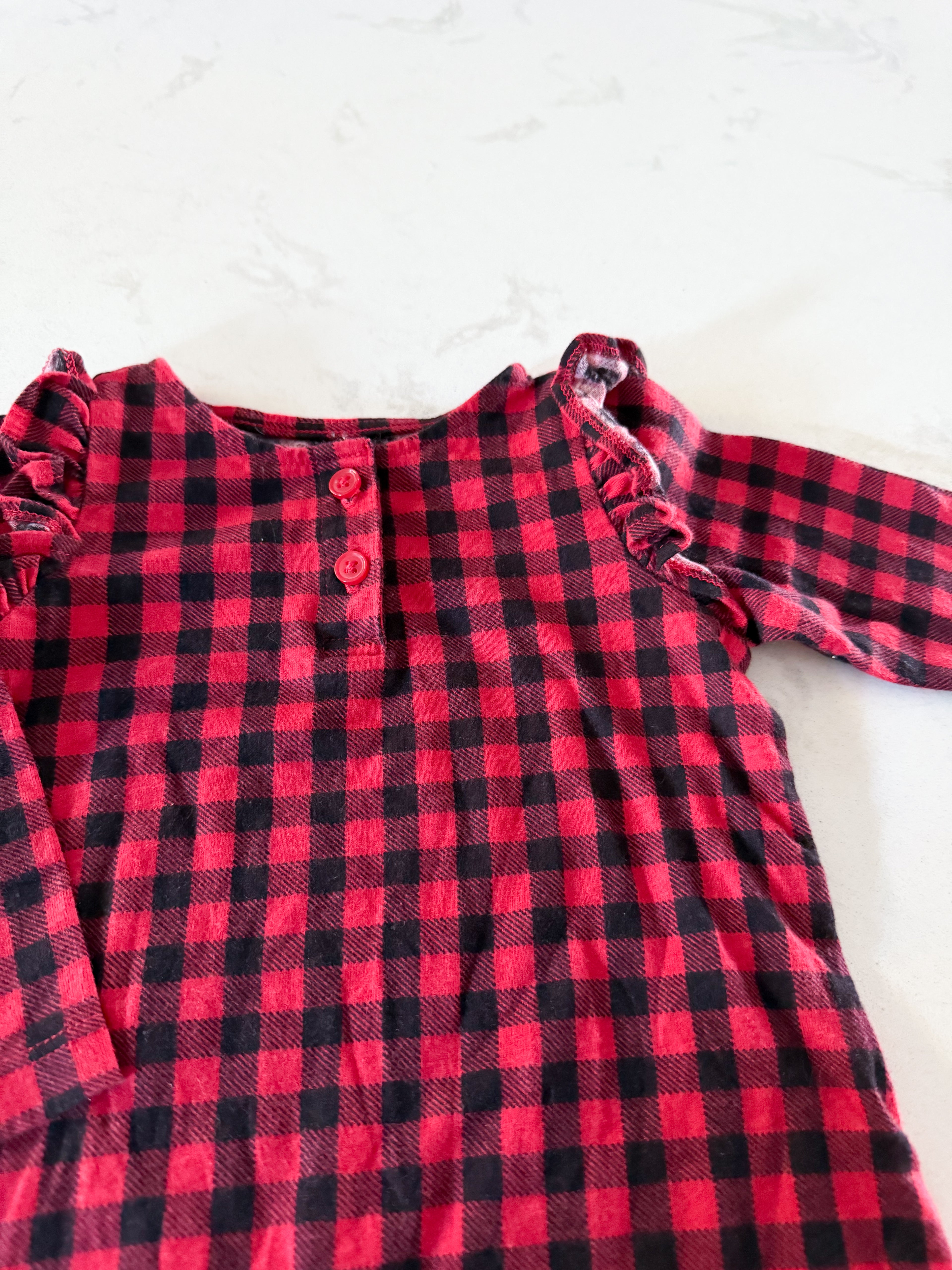 Old Navy- 3-6m- VGUC- black and red checkered ruffle one piece
