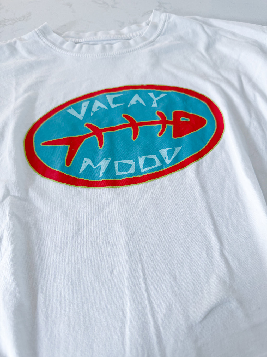 Zara- 8-9Y- PLAY- white t shirt with Vacay mood on front