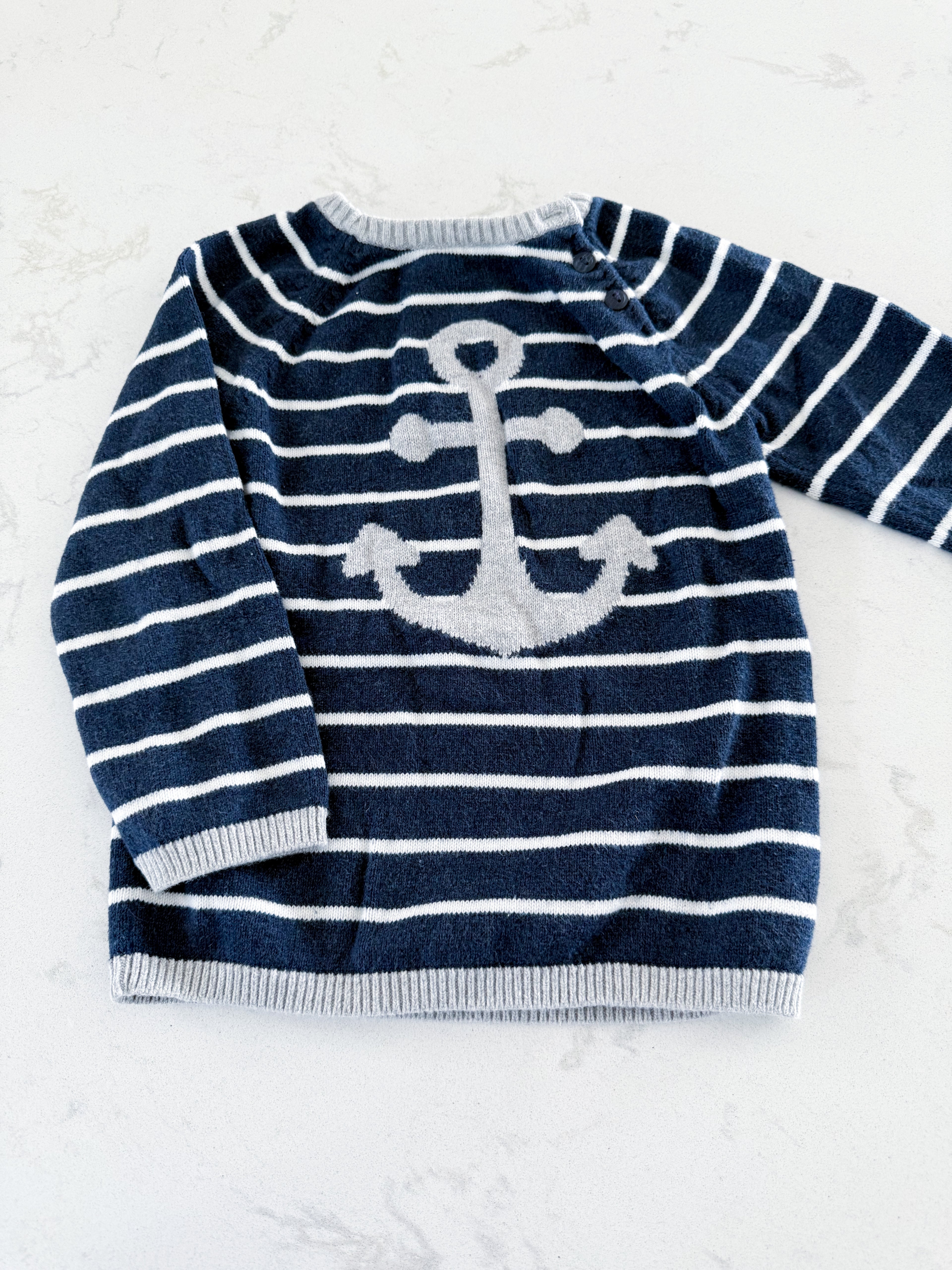 H&M- 3T- GUC- navy blue and white striped sweater with anchor