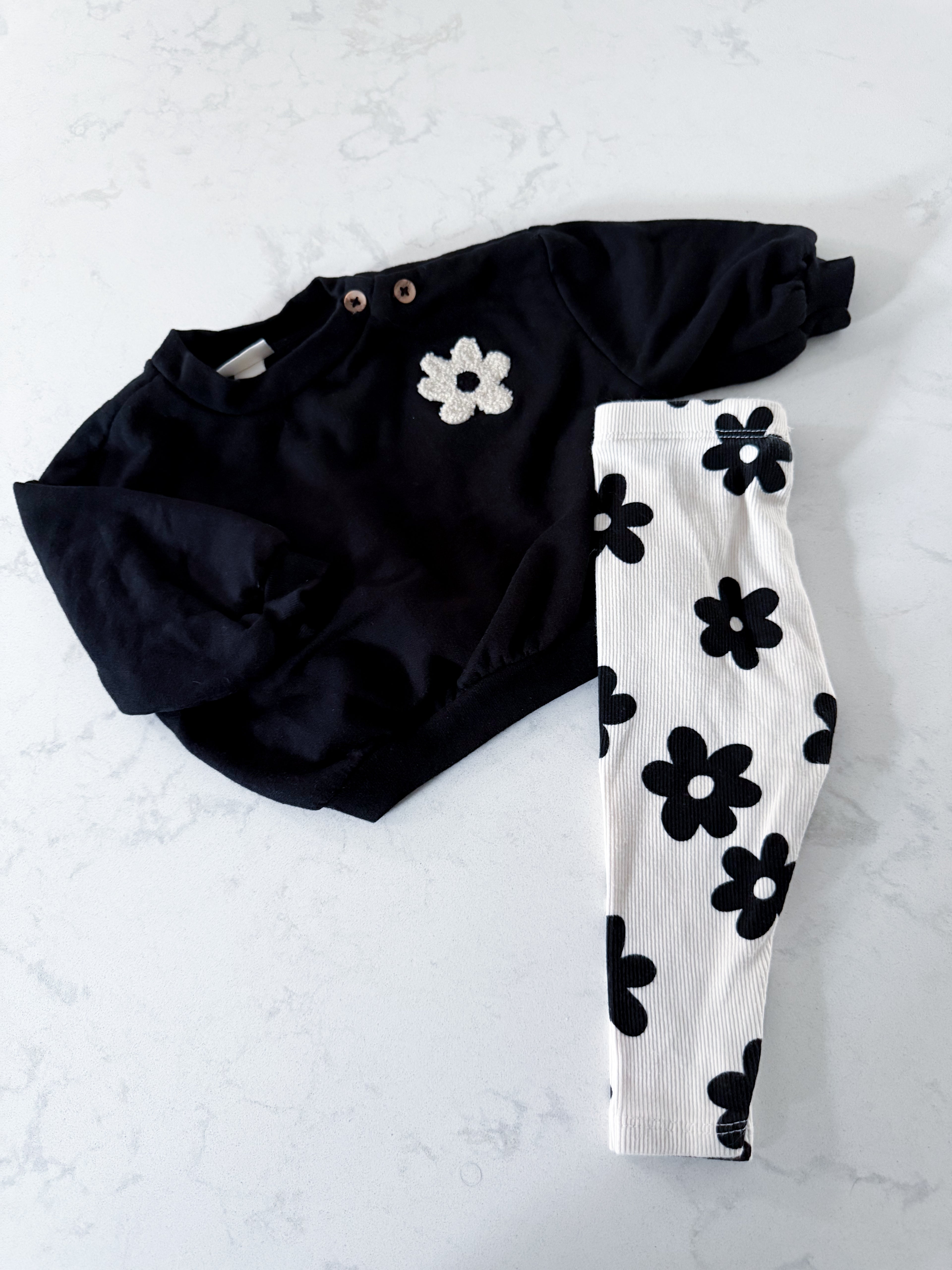 Cat and Jack- 3-6m- GUC- cream and black set with flowers and ribbed leggings