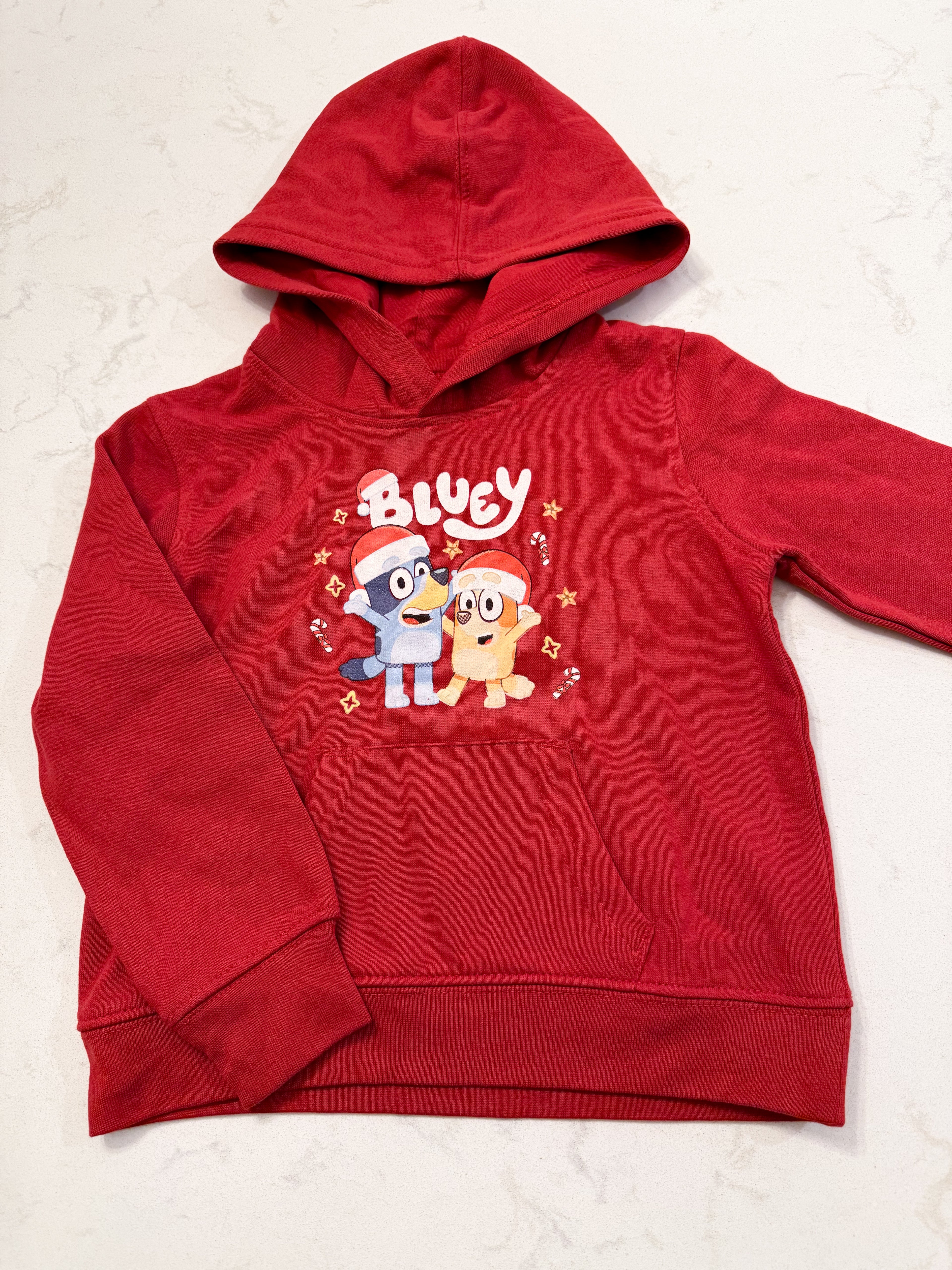 Bluey- 2-3T- VGUC- red long sleeve hoodie with Christmas bluey and bingo