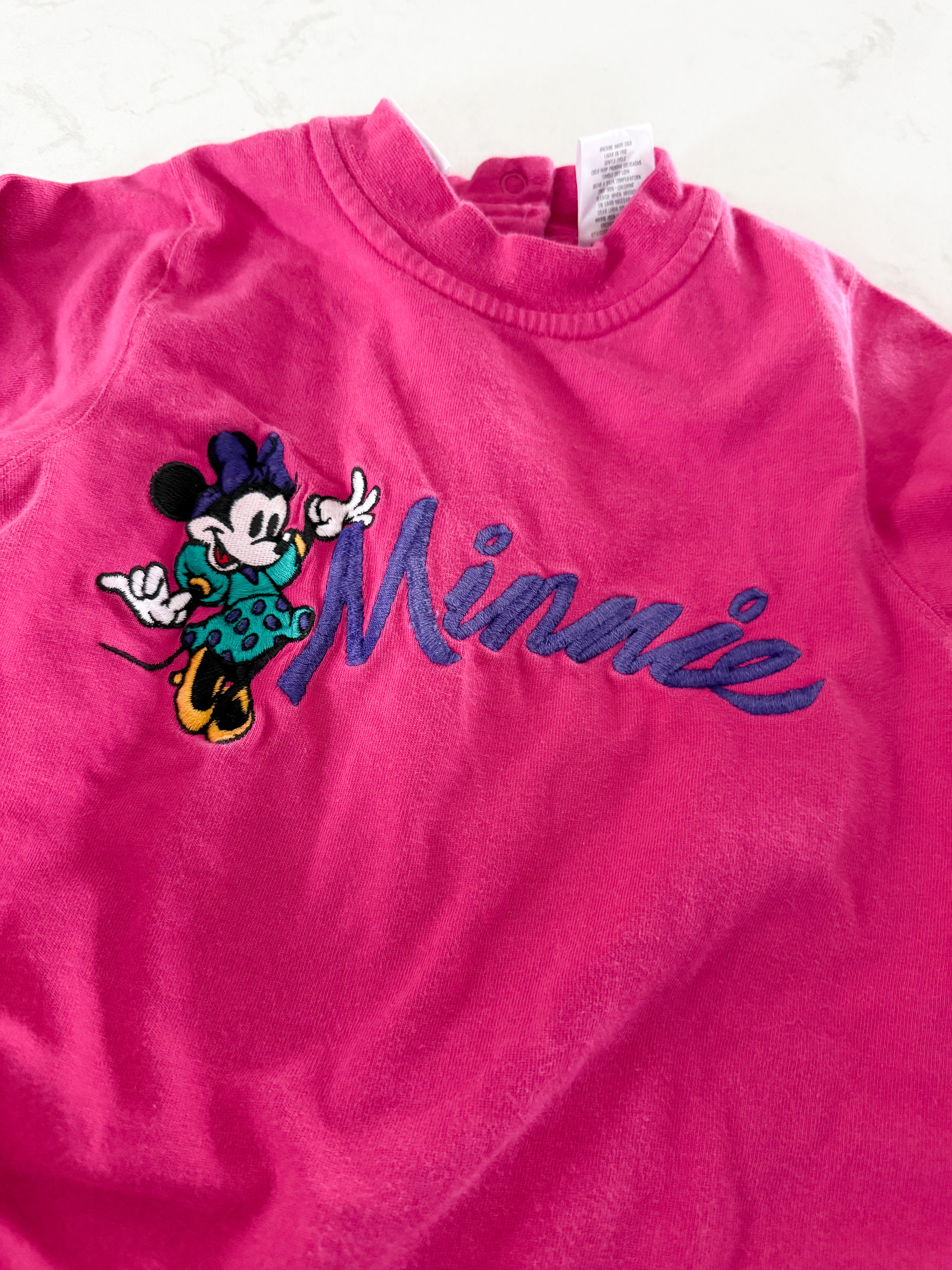 The Disney Store (2005)- 12m- GUC- pink romper with embroidered Minnie Mouse