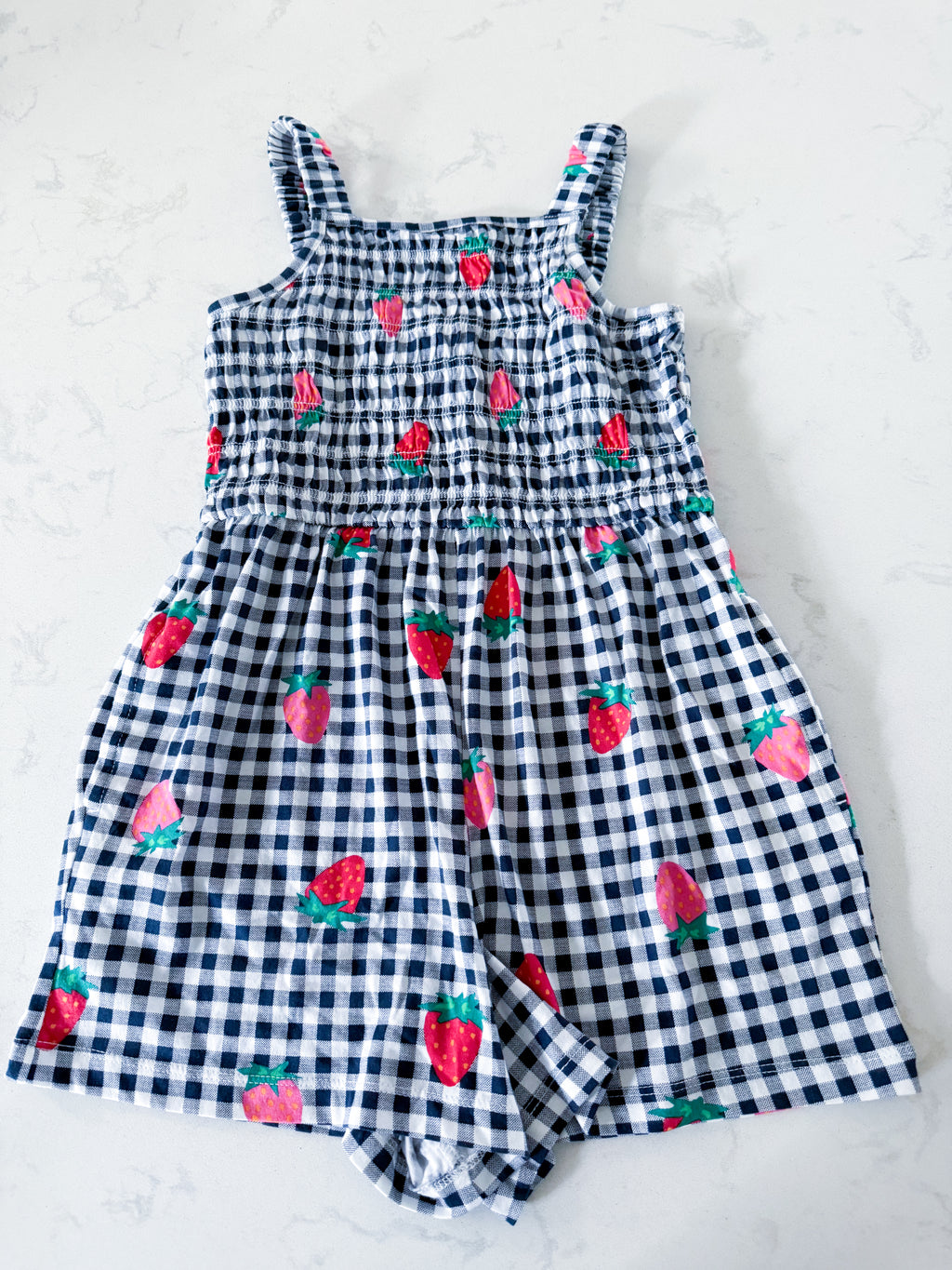 Old Navy- 8Y- VGUC- navy and white gingham romper with strawberries