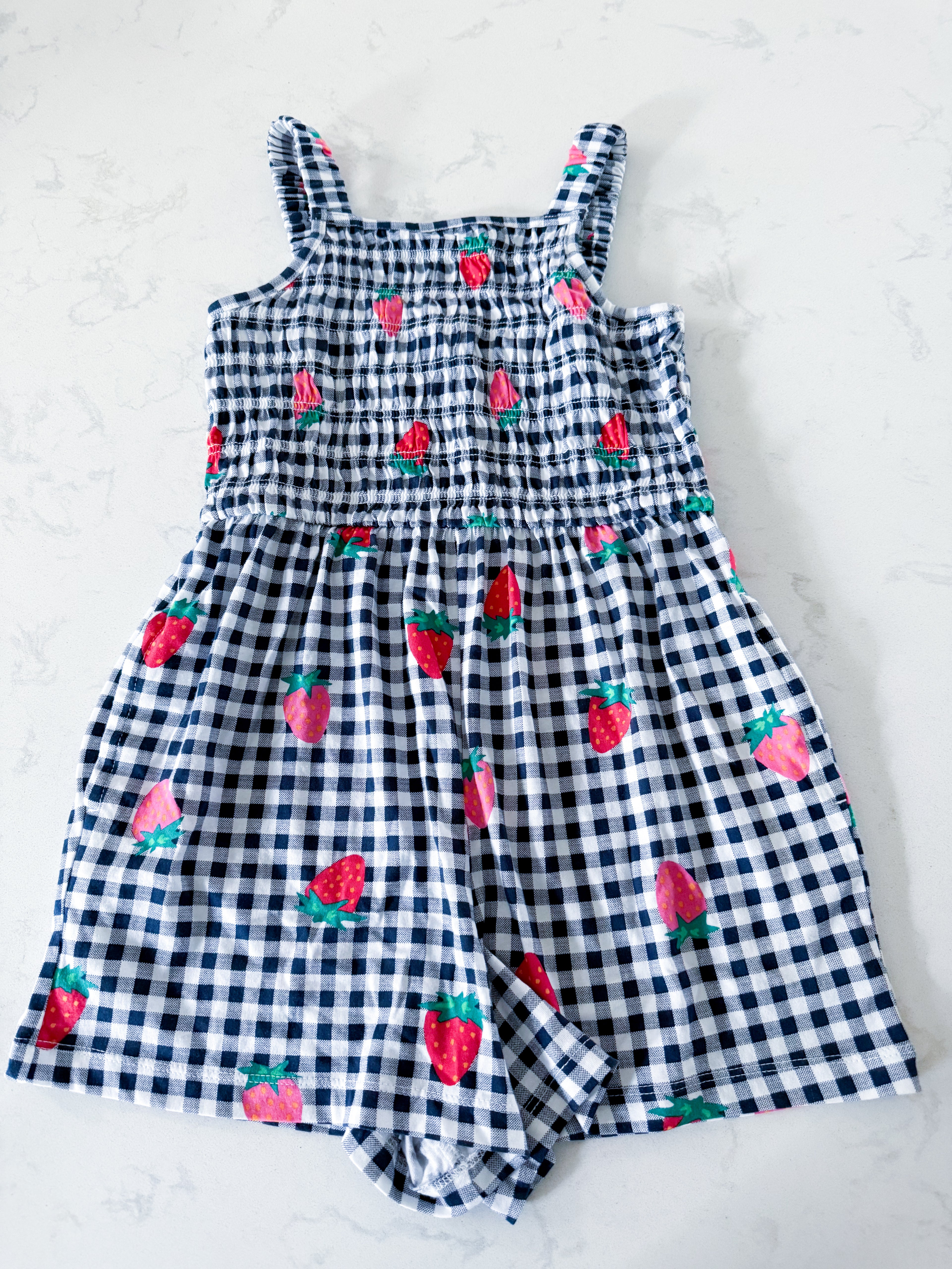 Old Navy- 8Y- VGUC- navy and white gingham romper with strawberries