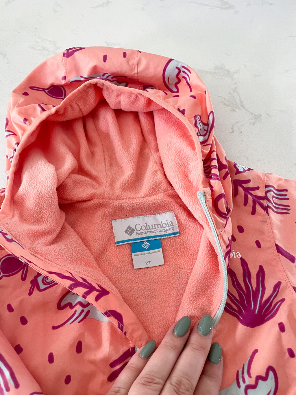 Columbia-2T-PLAY-light orange and pink zip up fleece lined jacket