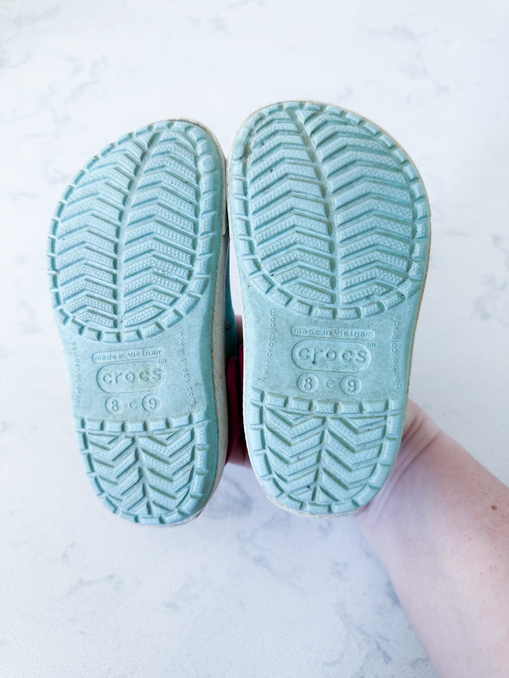 Crocs- 8/9C- PLAY- light blue slip ons with pink flamingos