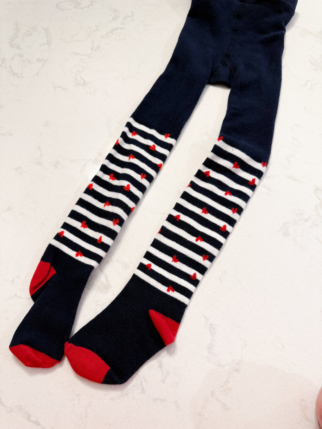 No brand- 2-3Y? (Size is an estimate)- GUC- navy blue with white stripes and red hearts stockings