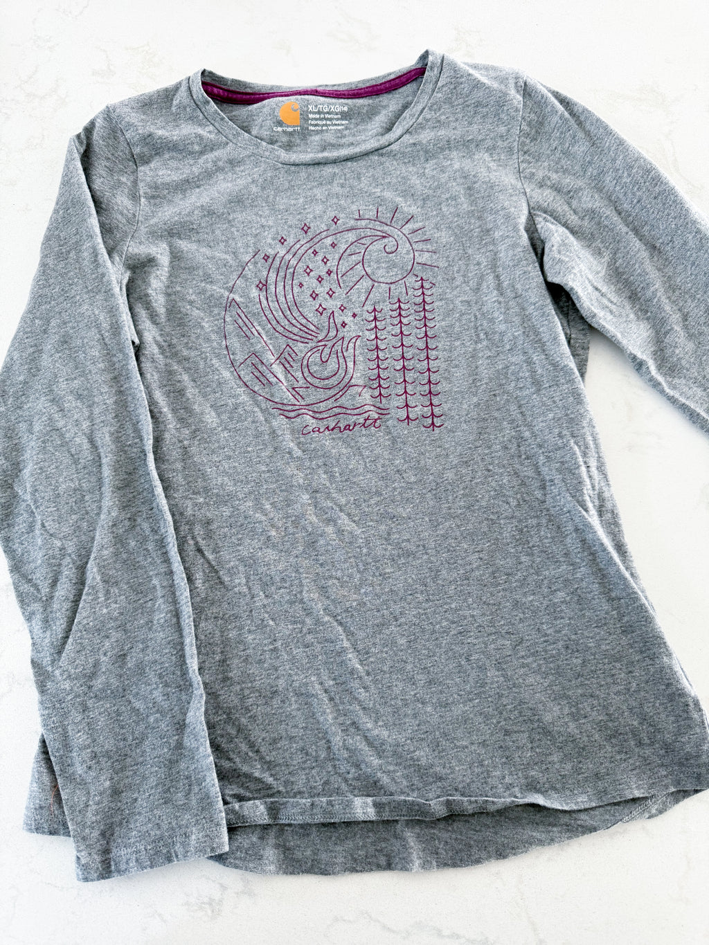 Carhartt- 14Y- VGUC- grey long sleeve shirt with purple minimalist logo