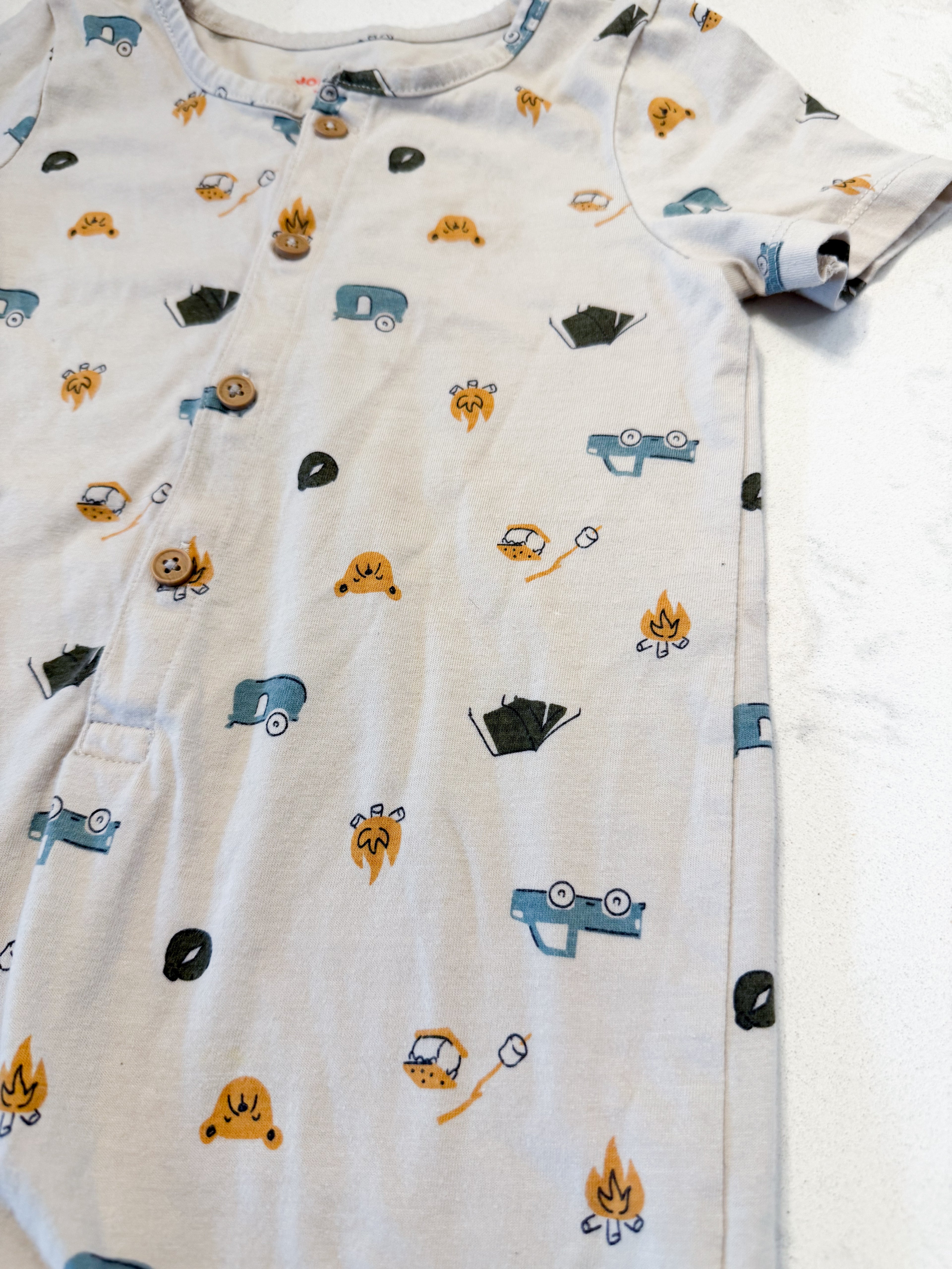 Joe Fresh- 18-24m- GUC- cream coloured short romper with camping pattern all over
