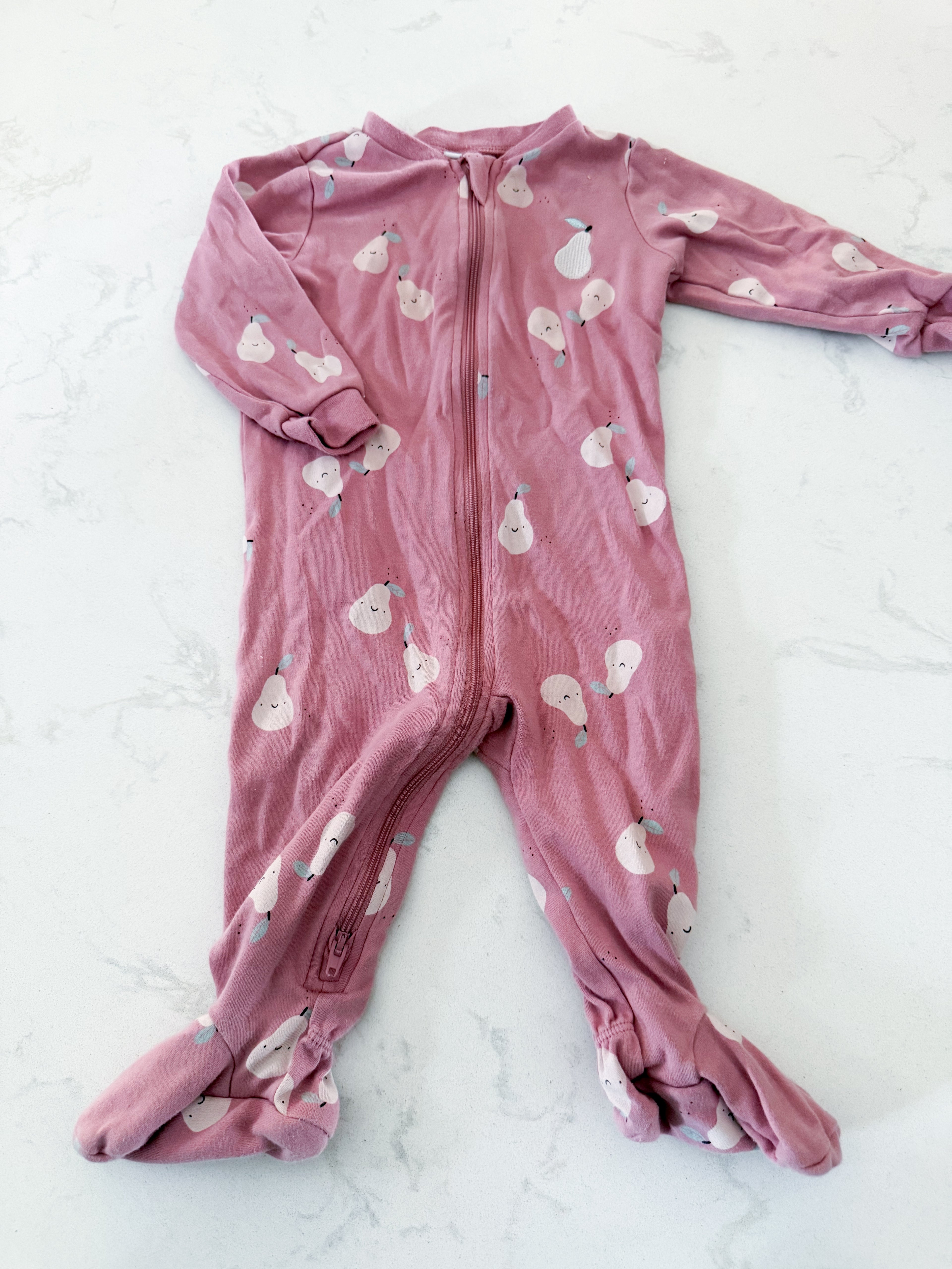 Pekkle- 9m- GUC- dusty dark pink footie Jammies with embroidered pink pear