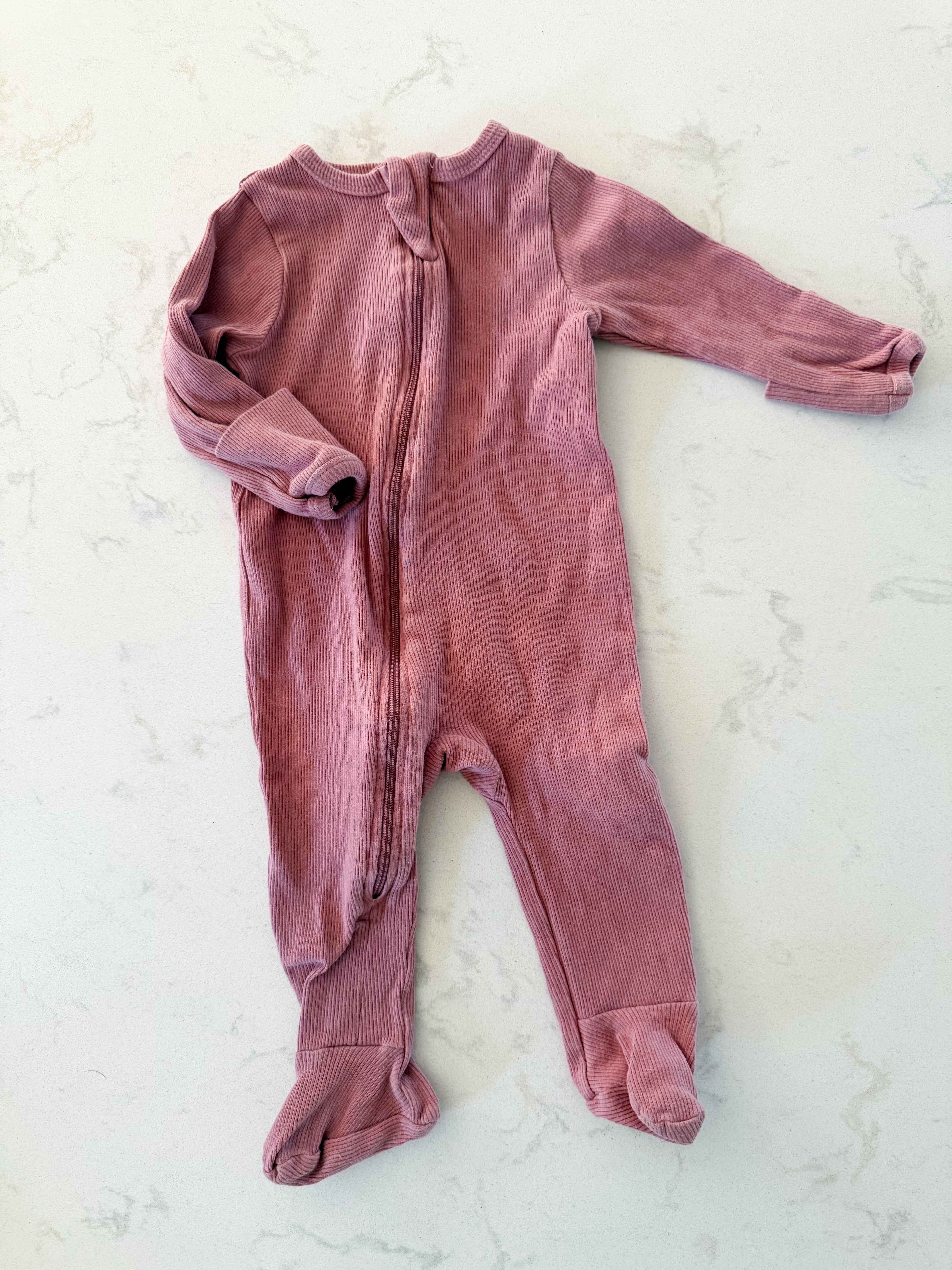 Rabbit and Bear- 3-6m- GUC- ribbed dark dusty pink footie Jammies