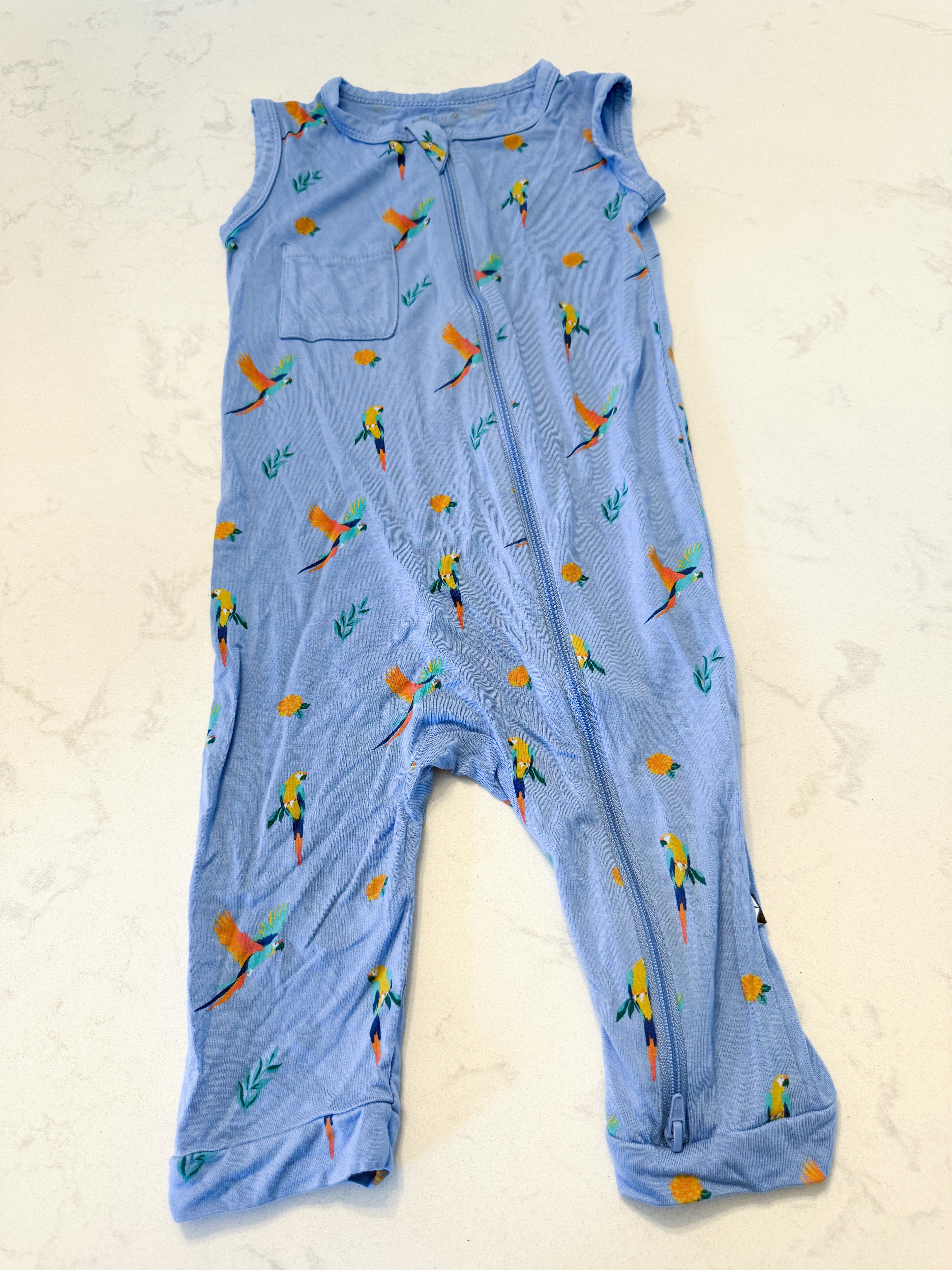 Kyte Baby- 3T- VGUC- bright blue tank romper with macaw pattern