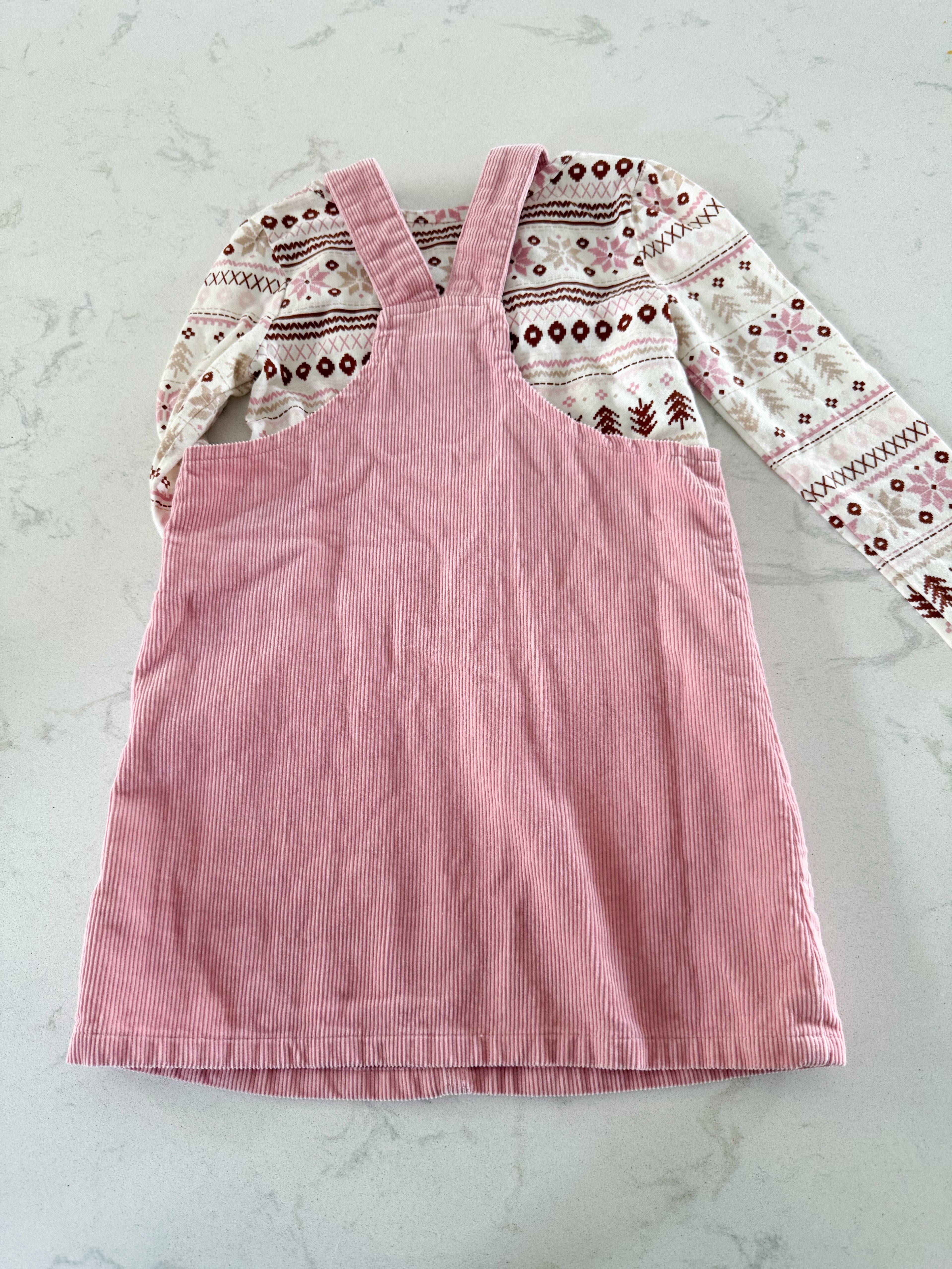 The Children’s Place- 3T- VGUC- corduroy pink overall dress with winter pattern bodysuit