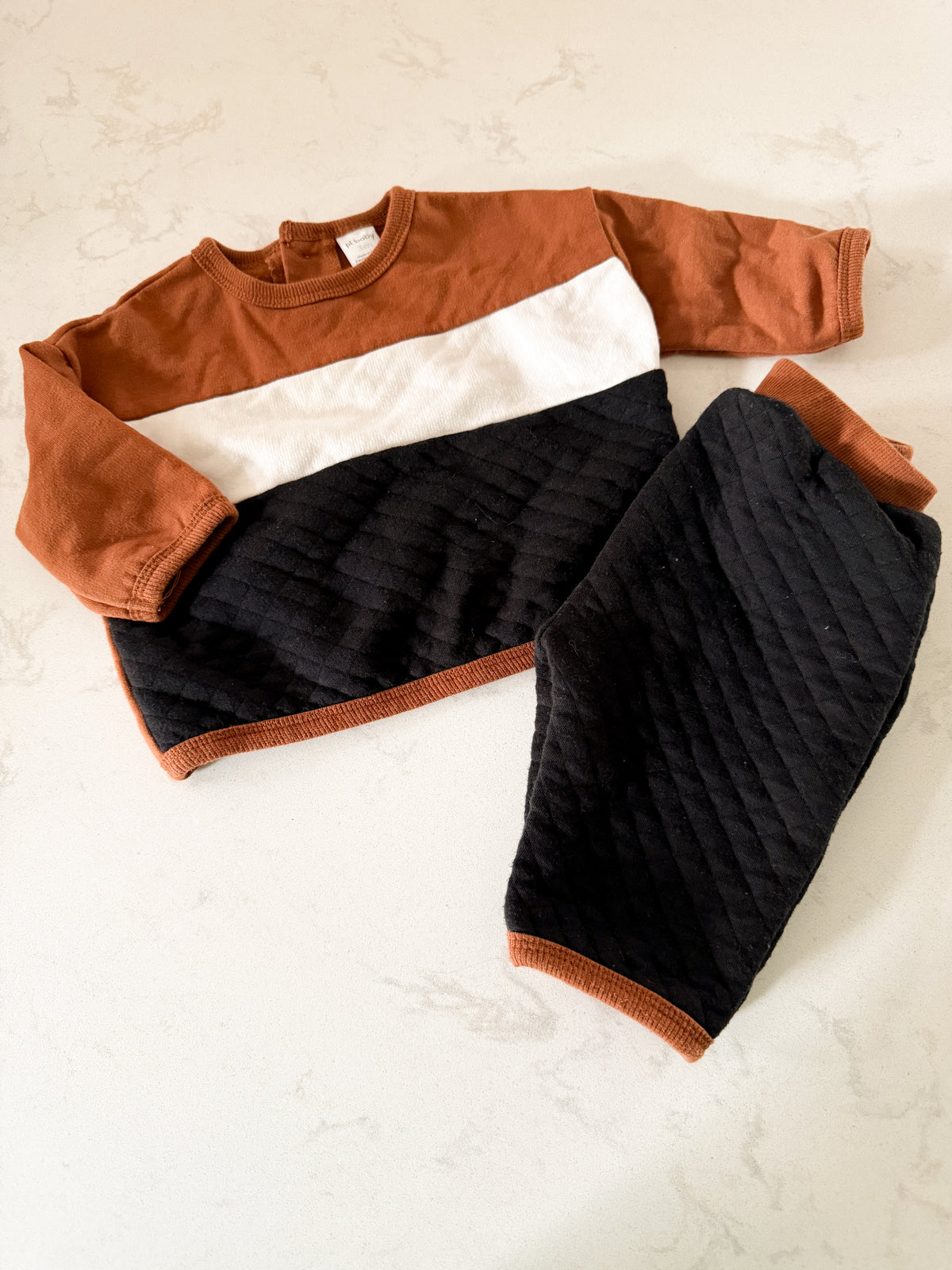 PL Baby- 3m- GUC- brown white and black two piece quilted sweat suit