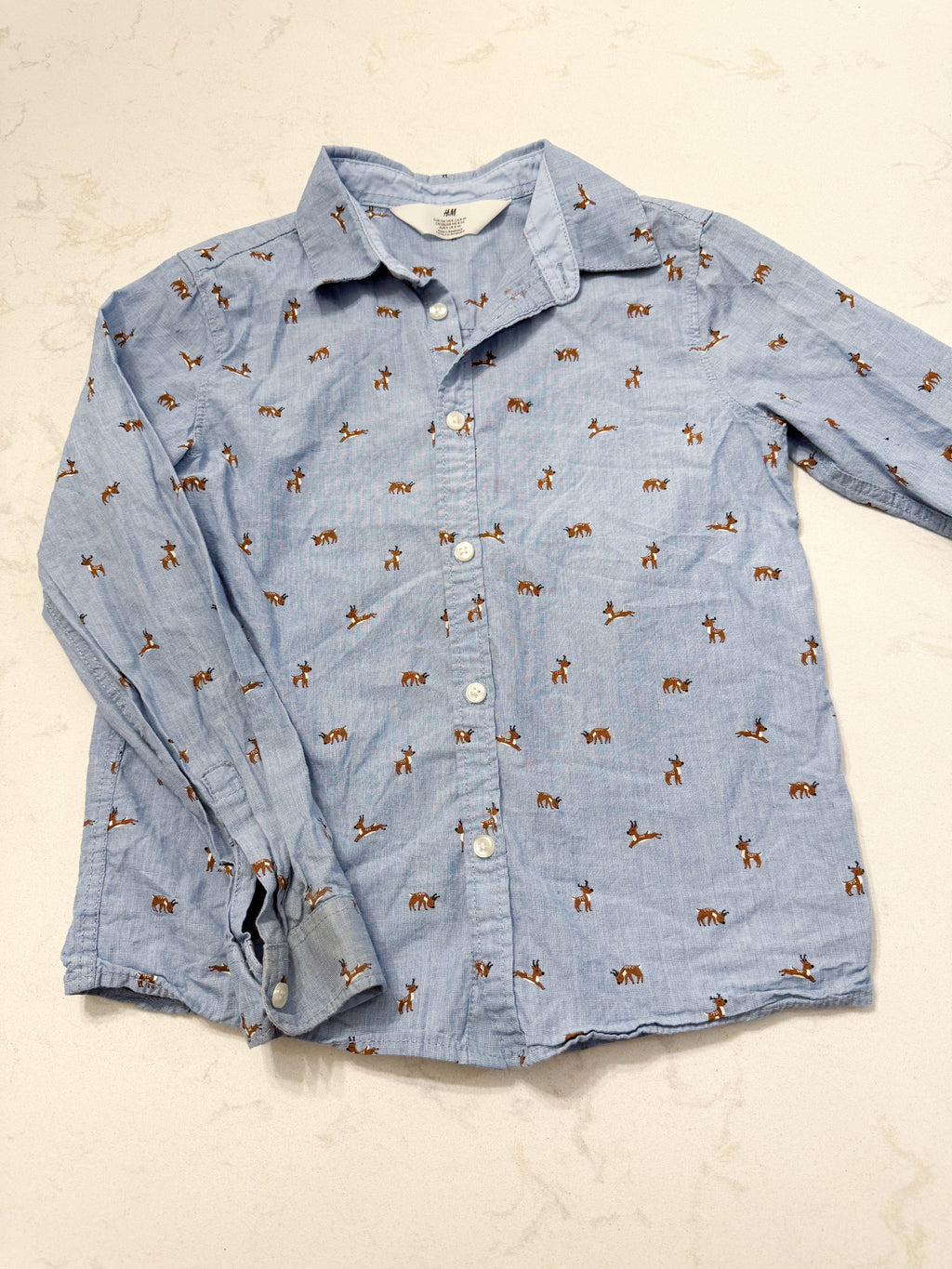 H&M- 8Y- PLAY- long sleeve button up blue dress shirt with reindeer