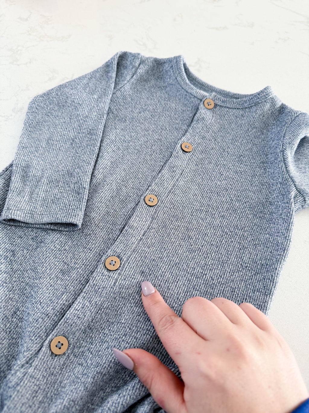 Rise Little Earthling- 18-24m- PLAY- blue knit button up romper.