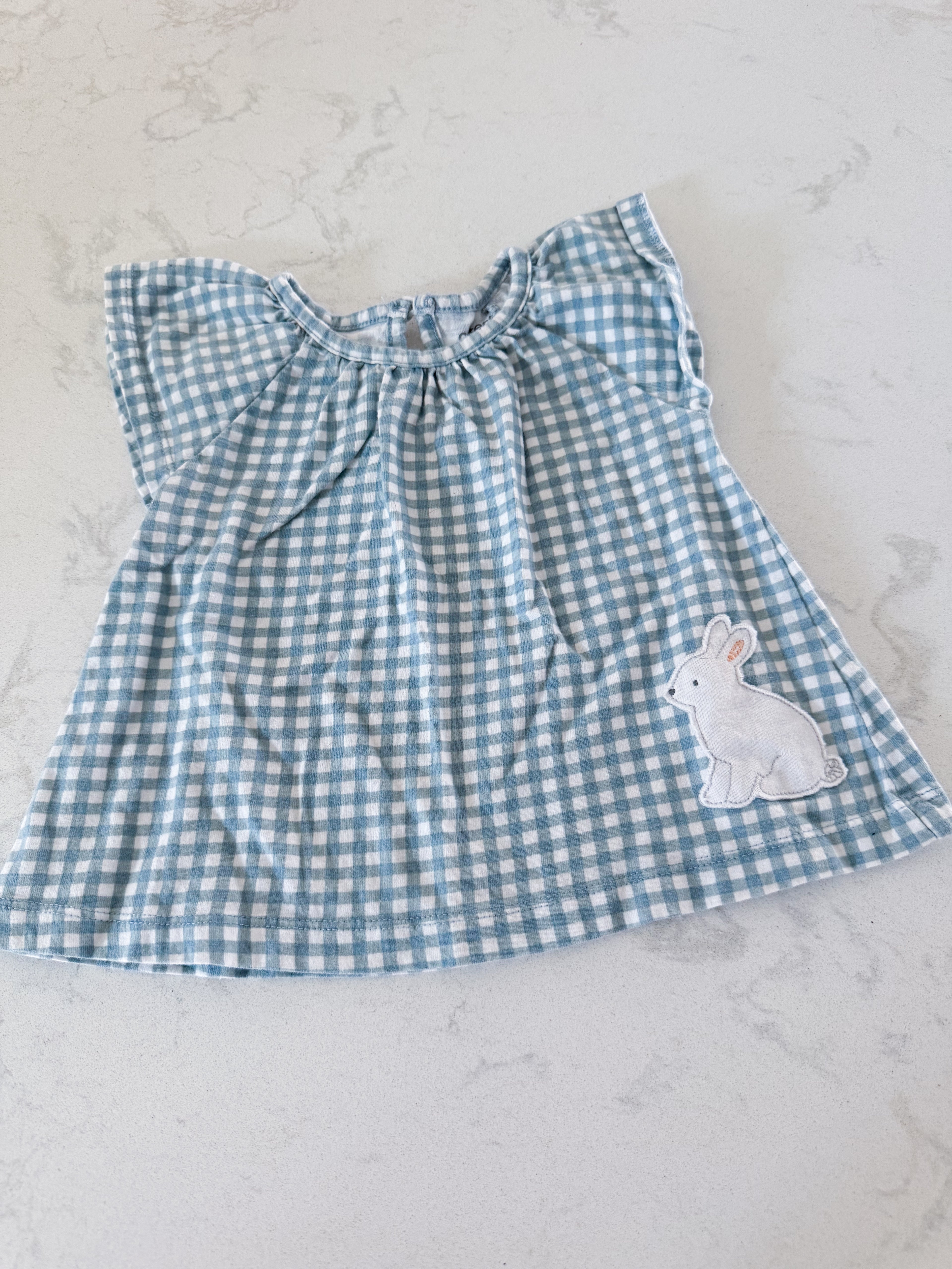 Carters- 12m- GUC- blue and white checkered shirt with bunny on hip