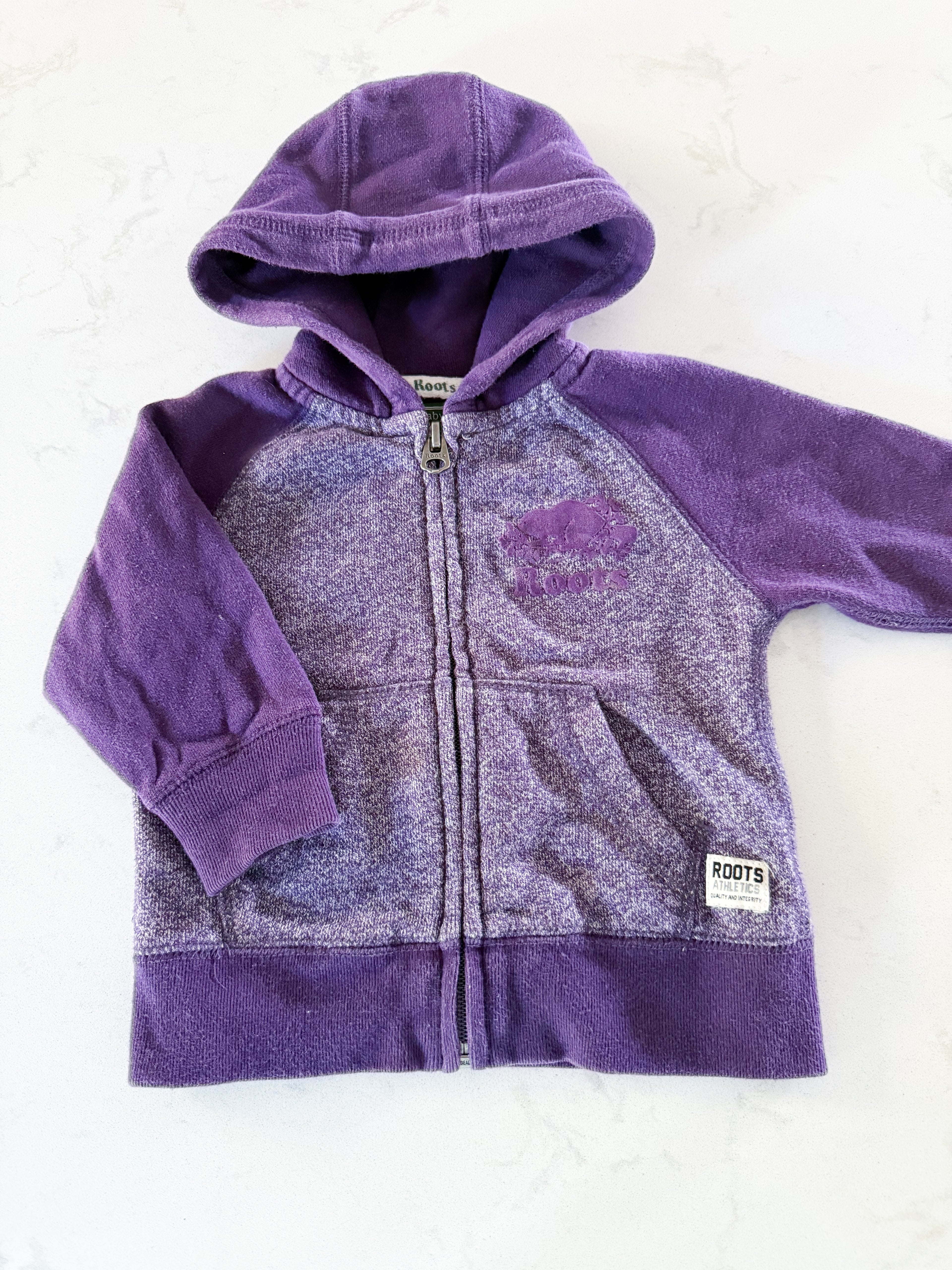 Roots- 3-6m- GUC- zip up purple hoodie