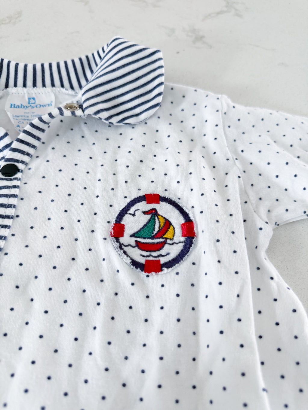 Baby’s Own (1988-1994)- 0-3m- VGUC- vintage snap footie with embroidered sailboat