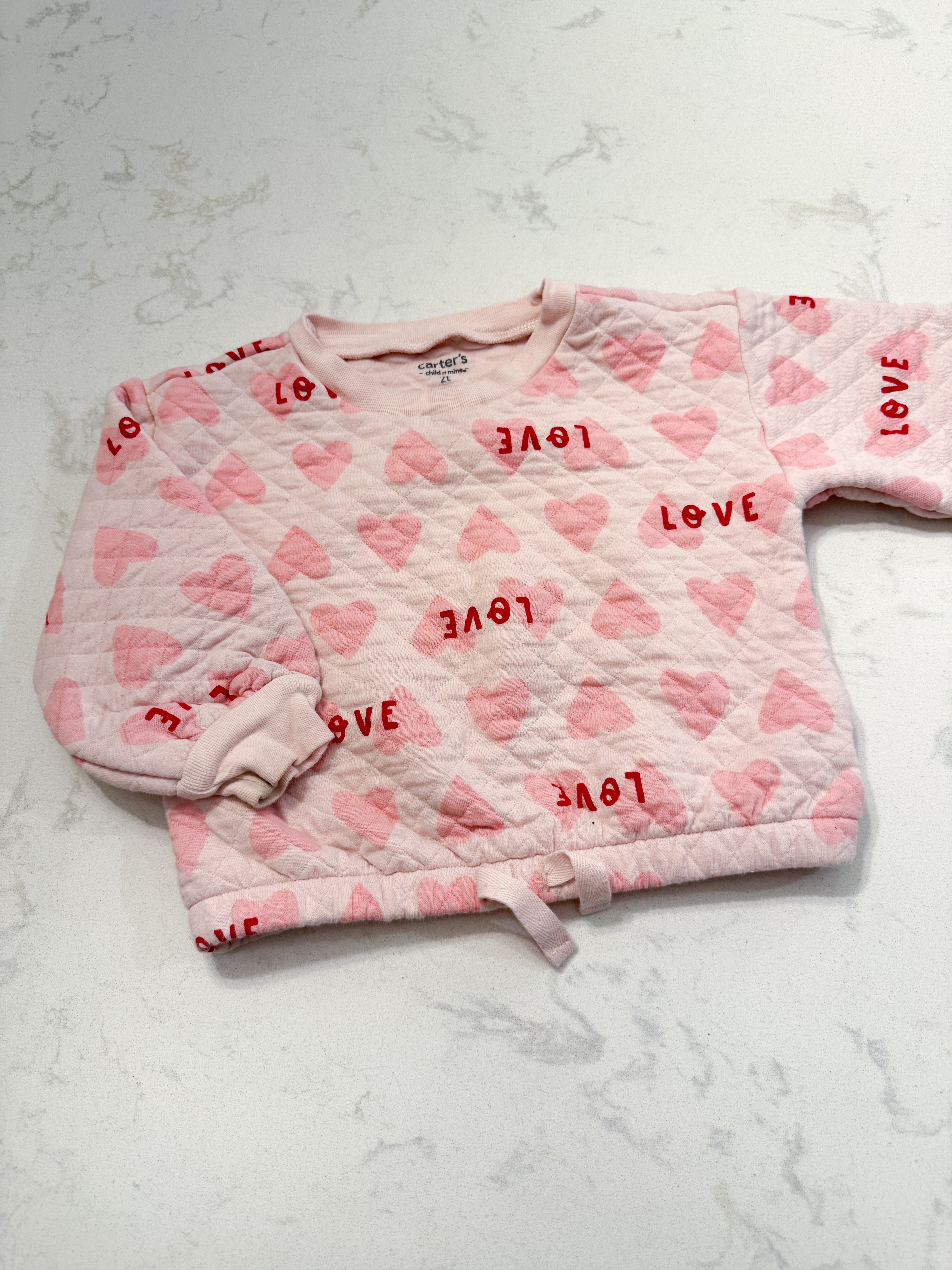 Carters- 2T- VGUC- pink quilted sweater with hearts and love