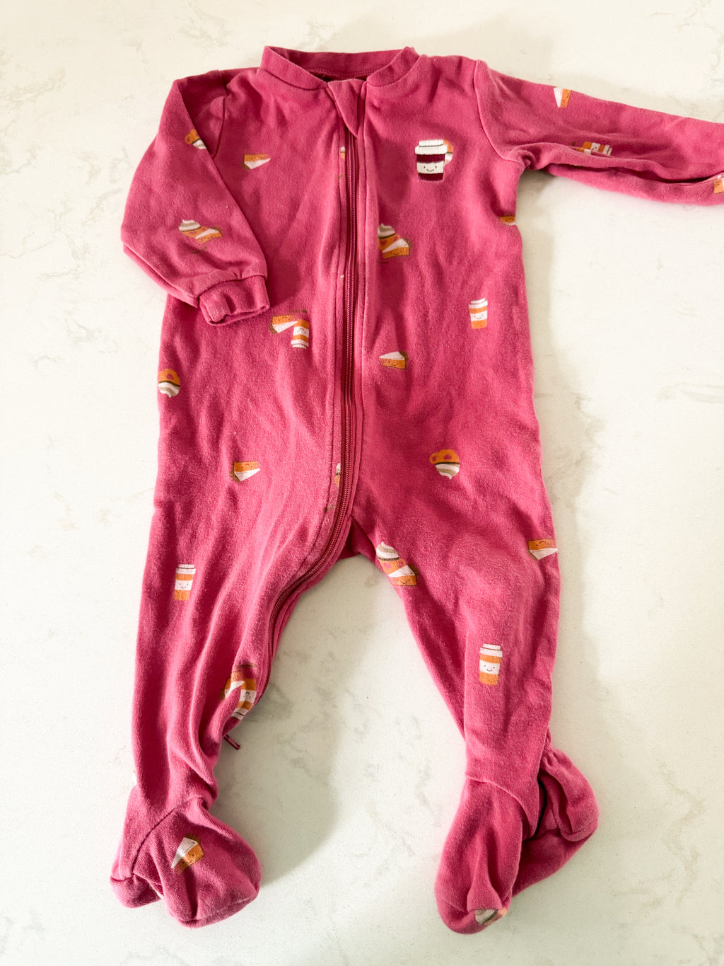 Pekkle- 9m- GUC- dark pink footie pajamas with pumpkin spice pattern and embroidered latte