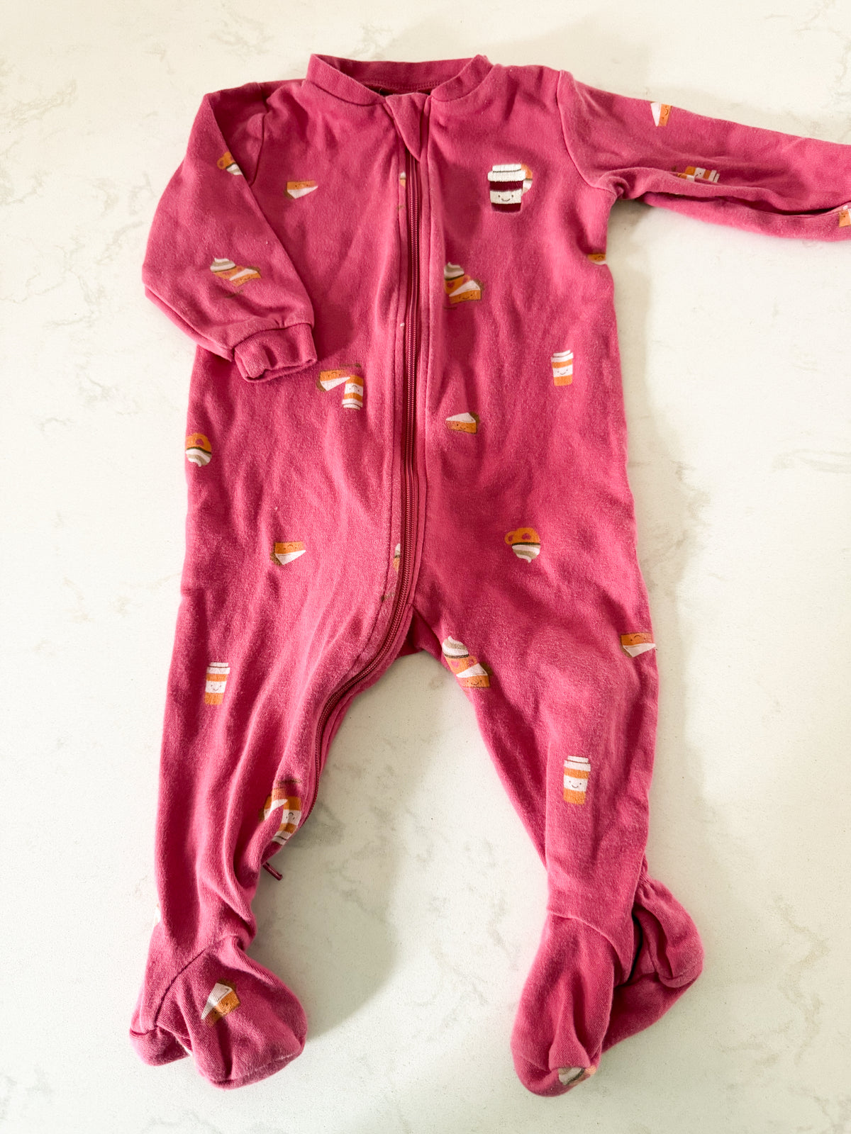 Pekkle- 9m- GUC- dark pink footie pajamas with pumpkin spice pattern and embroidered latte