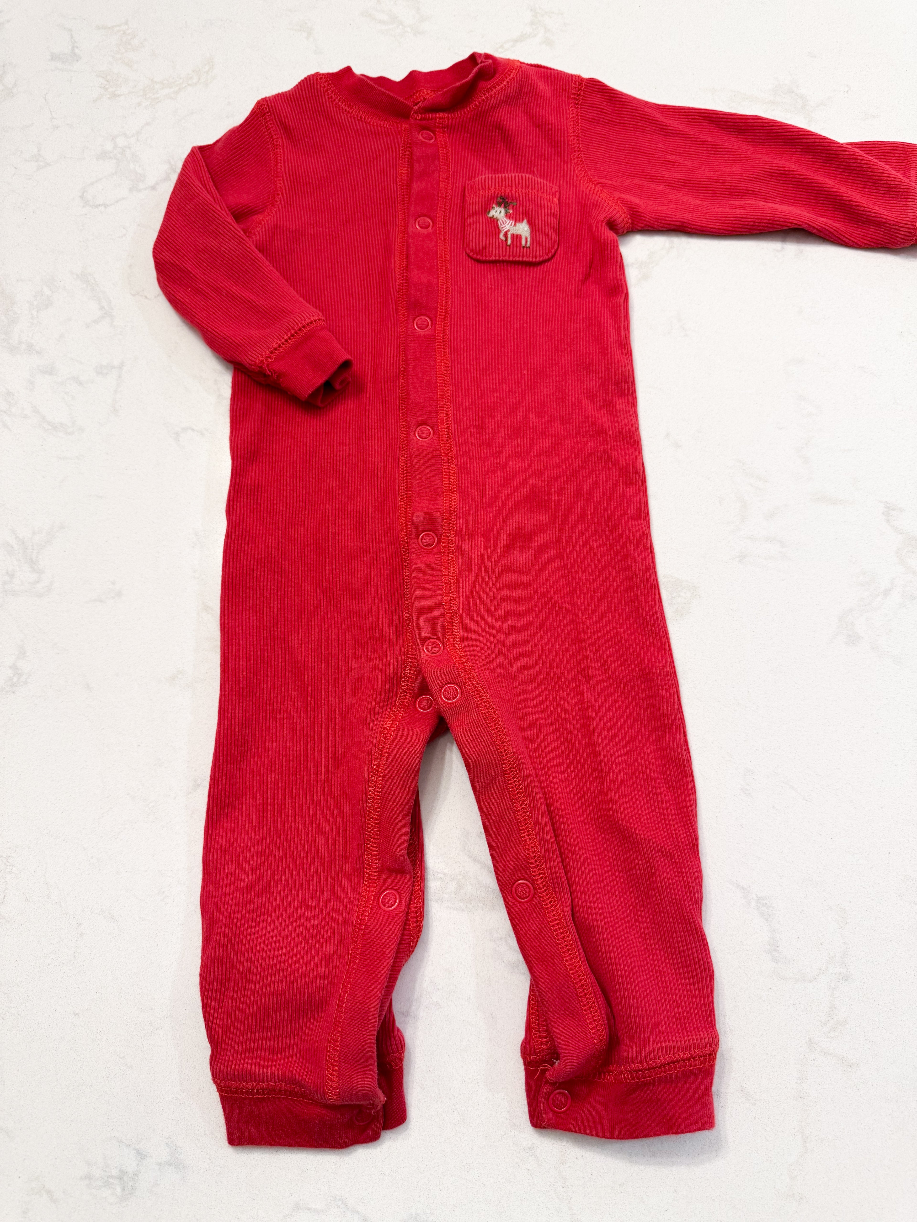 Carter’s-9m- GUC- red waffle knit pajamas with embroidered reindeer