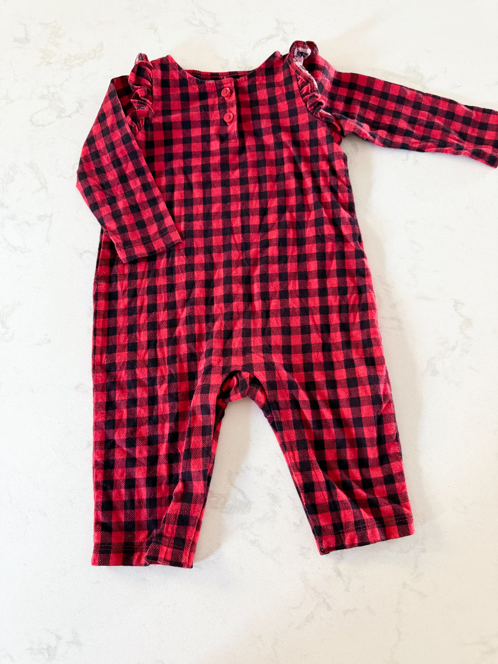 Old Navy- 3-6m- VGUC- black and red checkered ruffle one piece