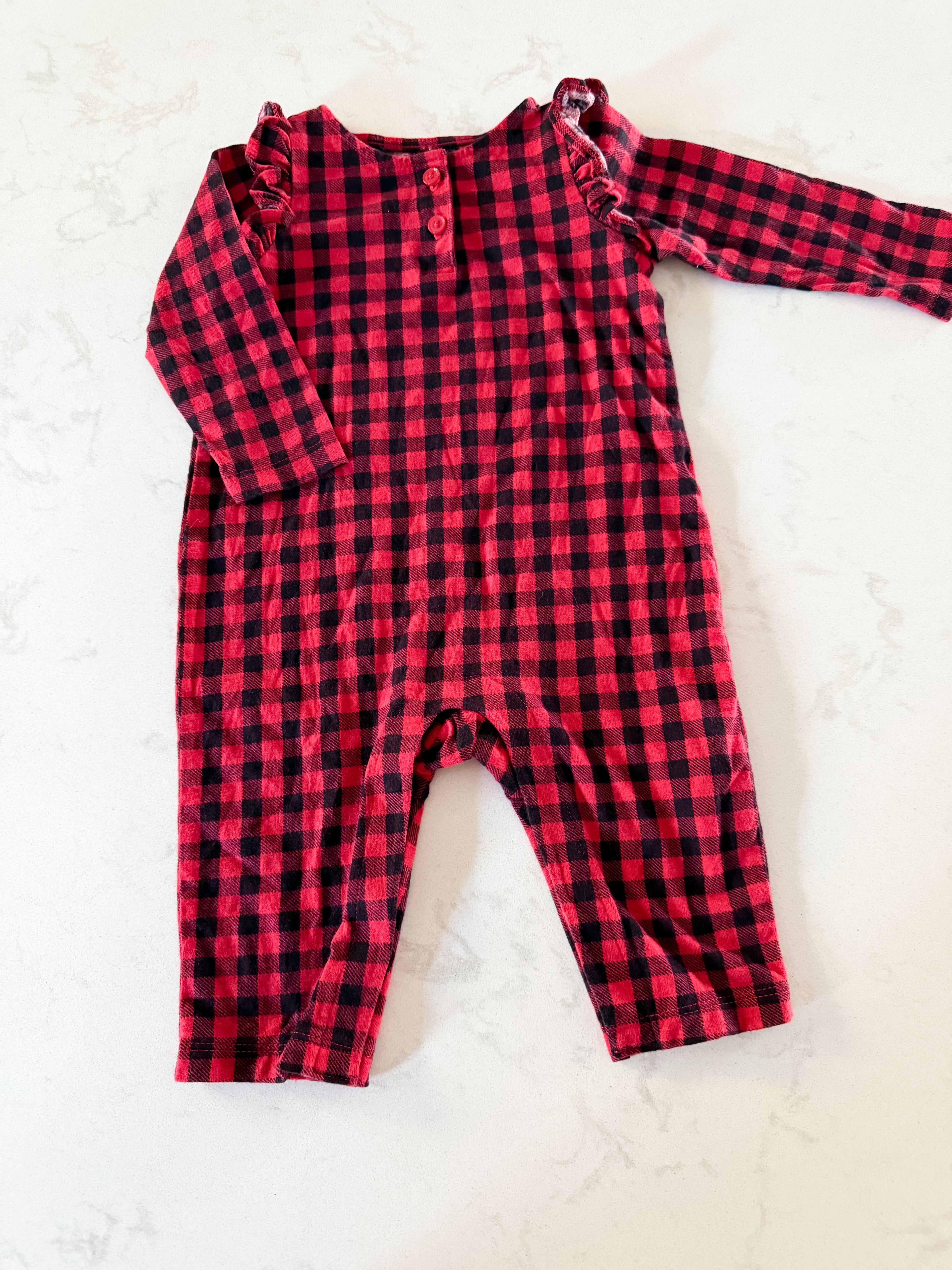 Old Navy- 3-6m- VGUC- black and red checkered ruffle one piece