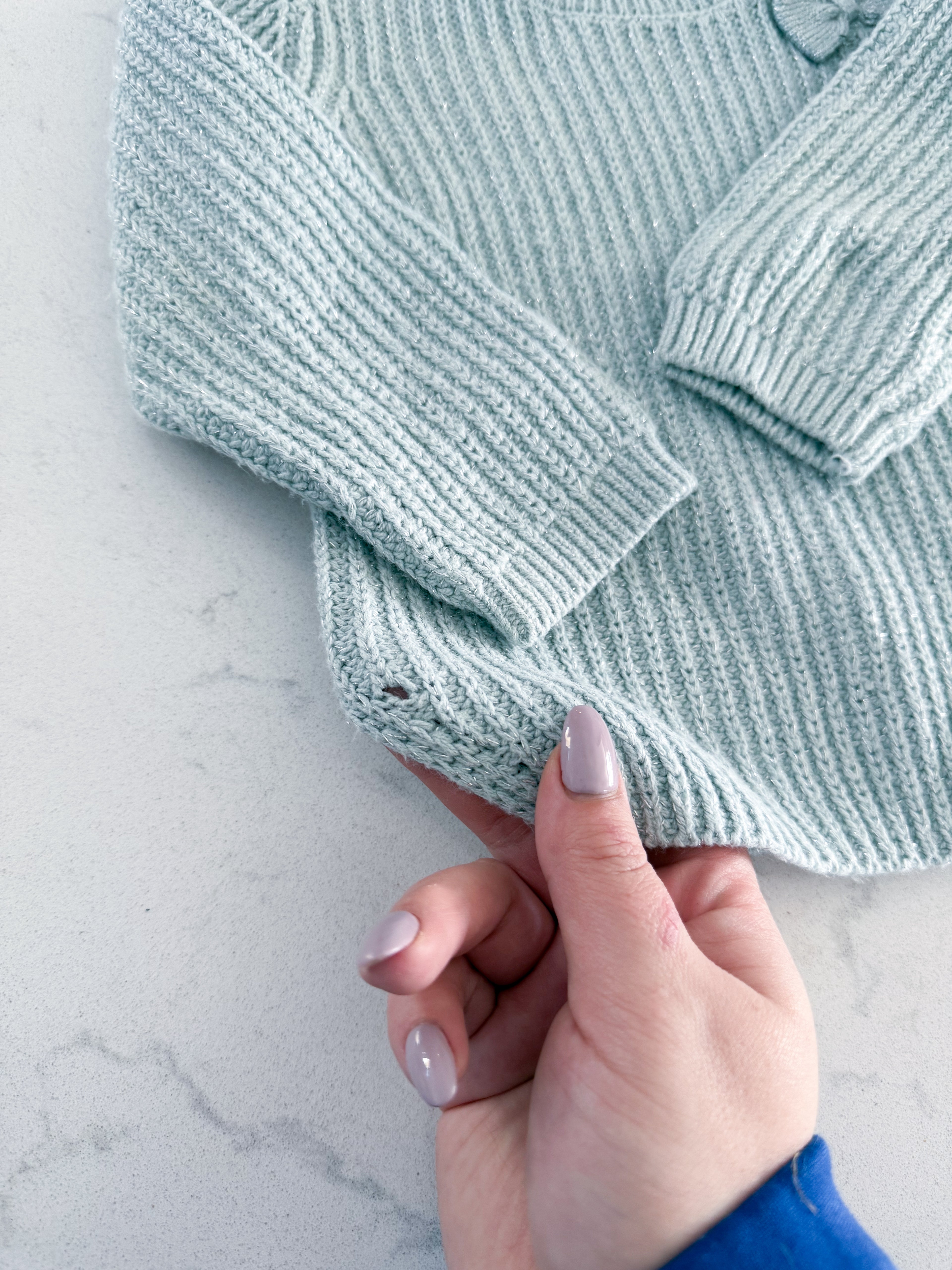 H&M- 6-12m- PLAY- ice blue sparkly knit sweater with bow